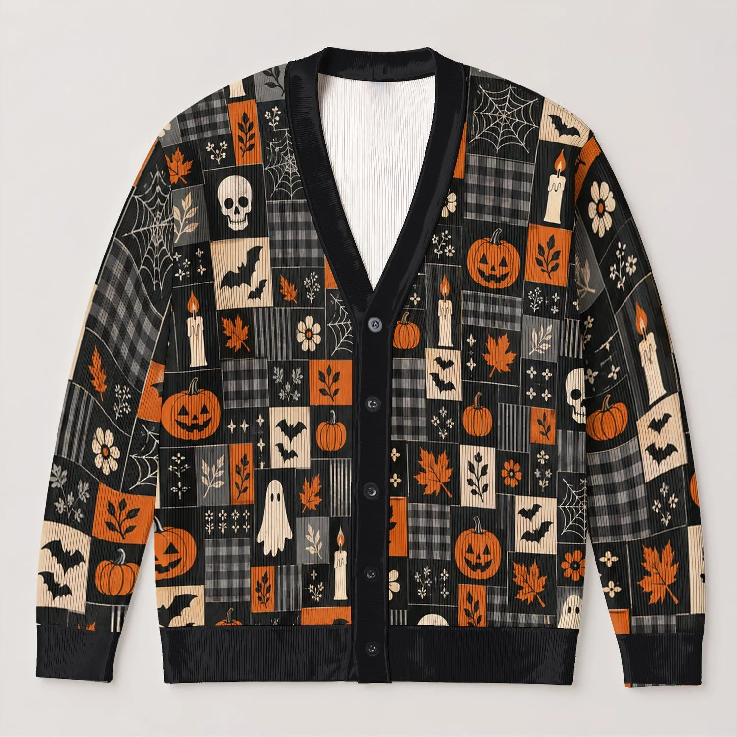 Halloween Ghost Pumpkin Skull Patchwork for Cozy Autumn Gatherings and Spooky Season All-over Print Knitted Cardigan - 1