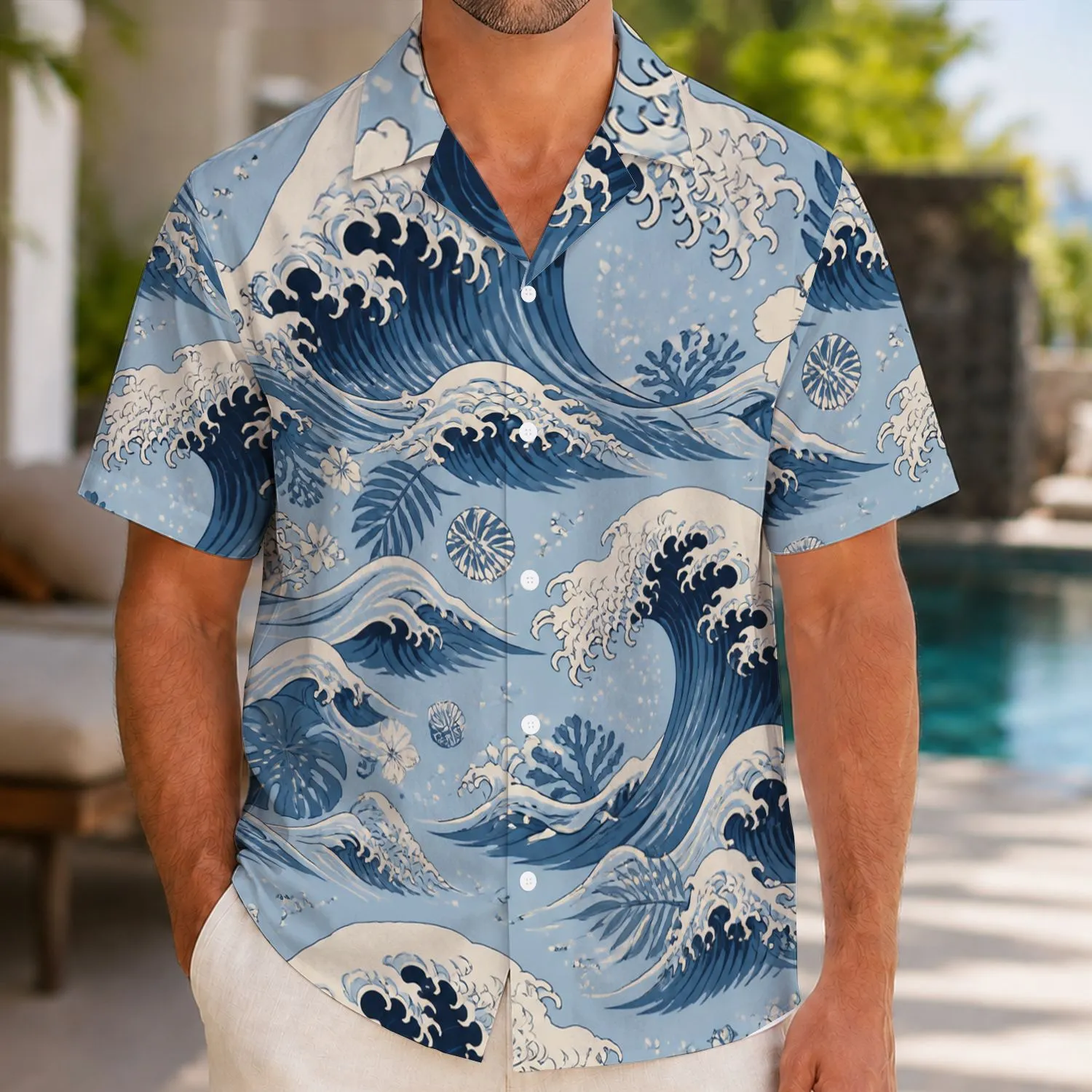 Japanese Ocean Wave Motifs for Coastal Vacations and Resort Days, Men's Summer Style Hawaiian Shirt - 1