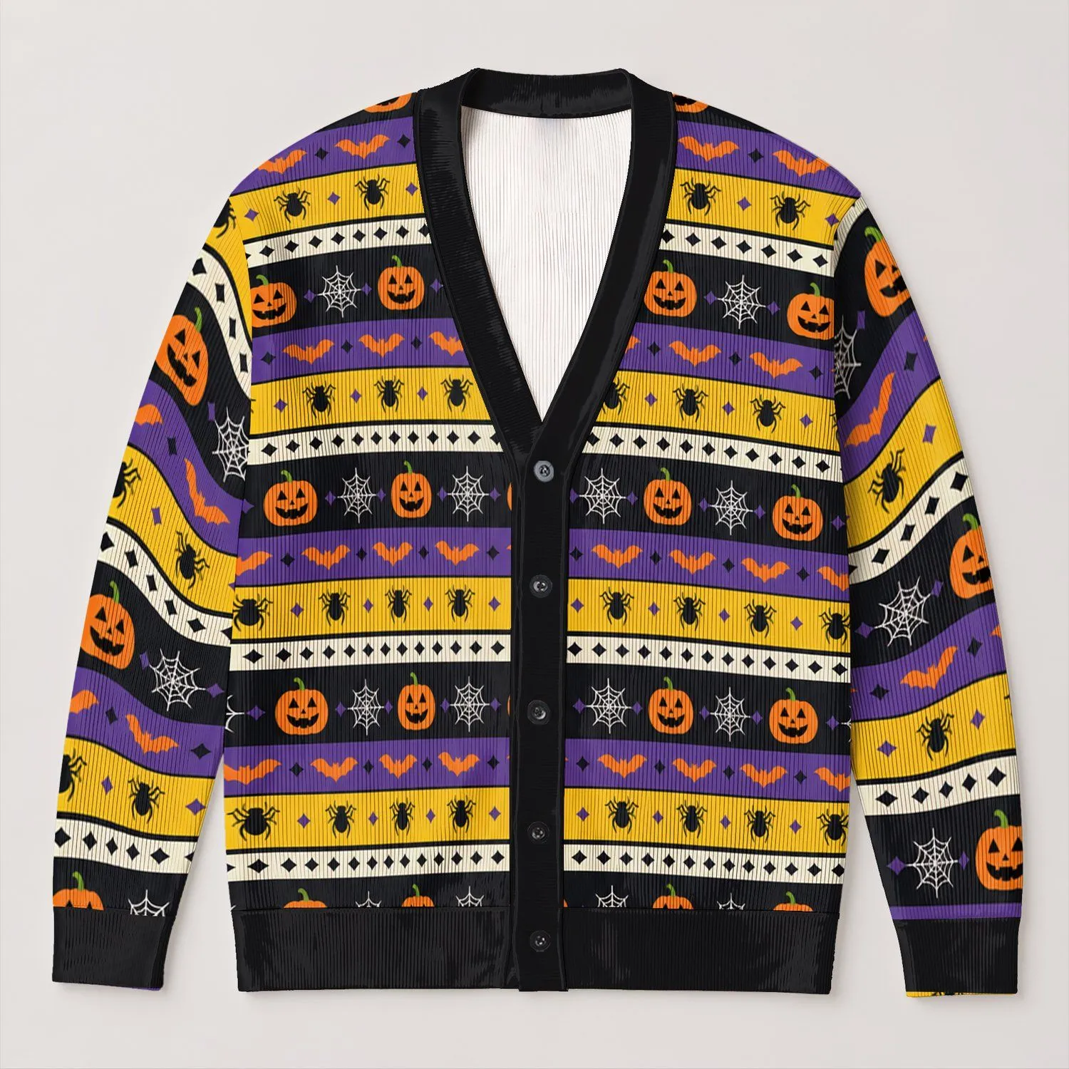 Halloween Pumpkins, Bats And Spiders For Cozy October Nights And Seasonal Gatherings All-over Print Knitted Cardigan - 1