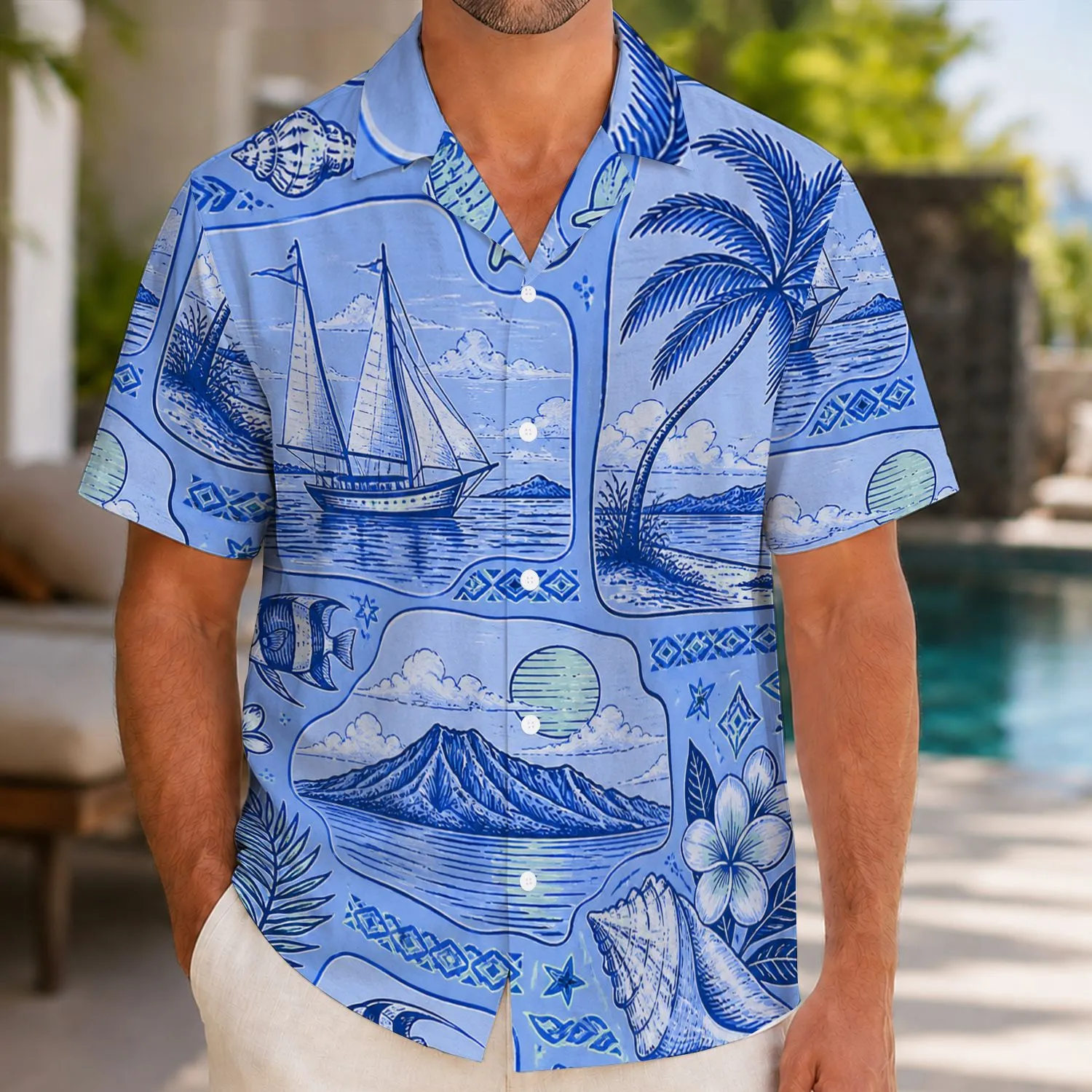 Indigo Island Line Scenes for Resort Getaways and Coastal Weekends for Men Who Travel Hawaiian Shirt - 1