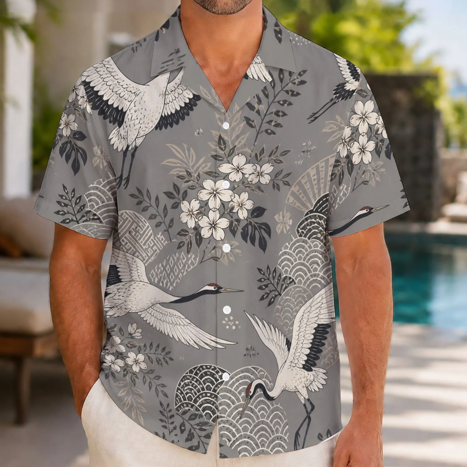 White Crane Geometric Botanicals for Resort Travel, Island Evenings, and Gifting Hawaiian Shirt - 1