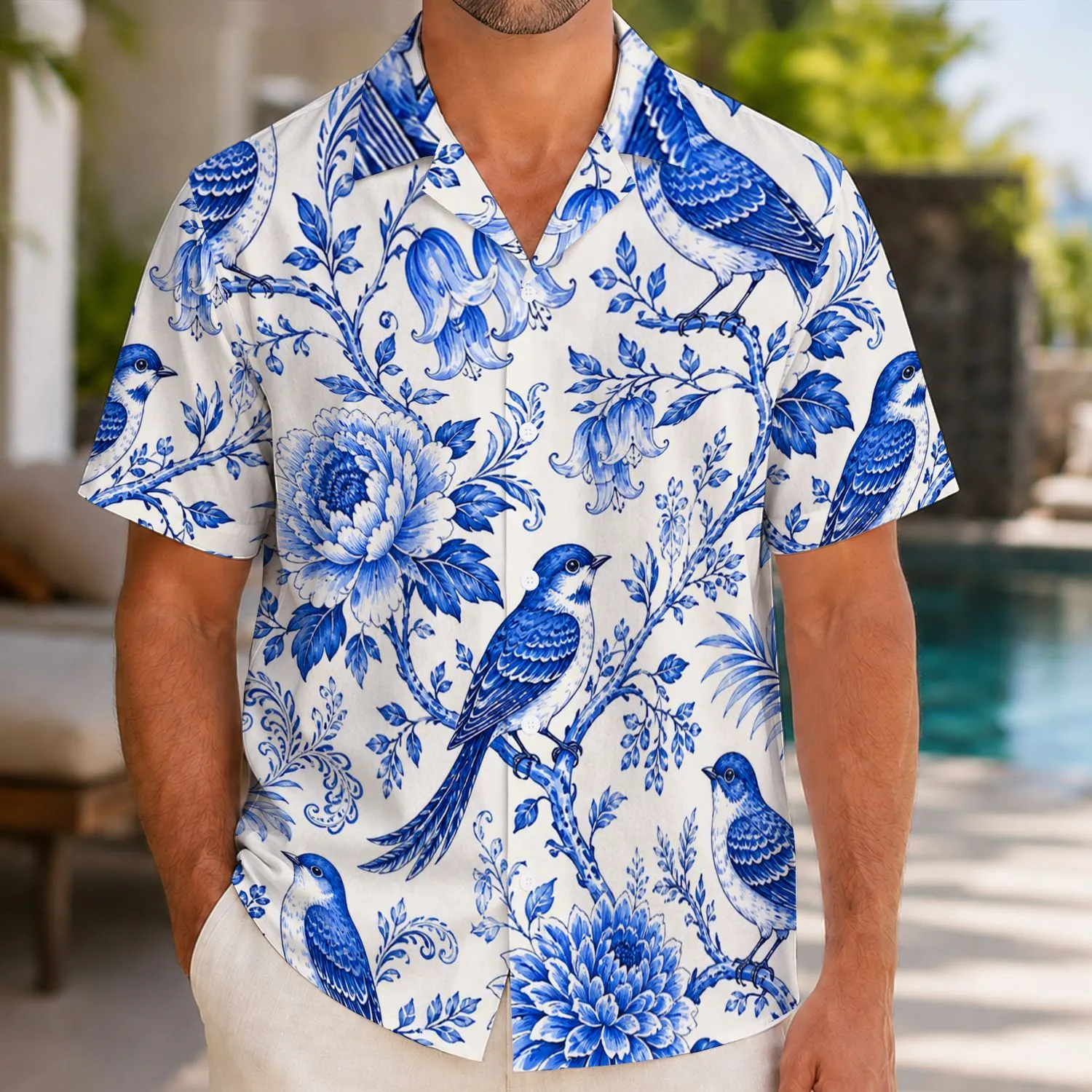 Blue Chinoiserie Songbirds And Florals For Resort Getaways And Summer Weekend Travel Hawaiian Shirt - 1