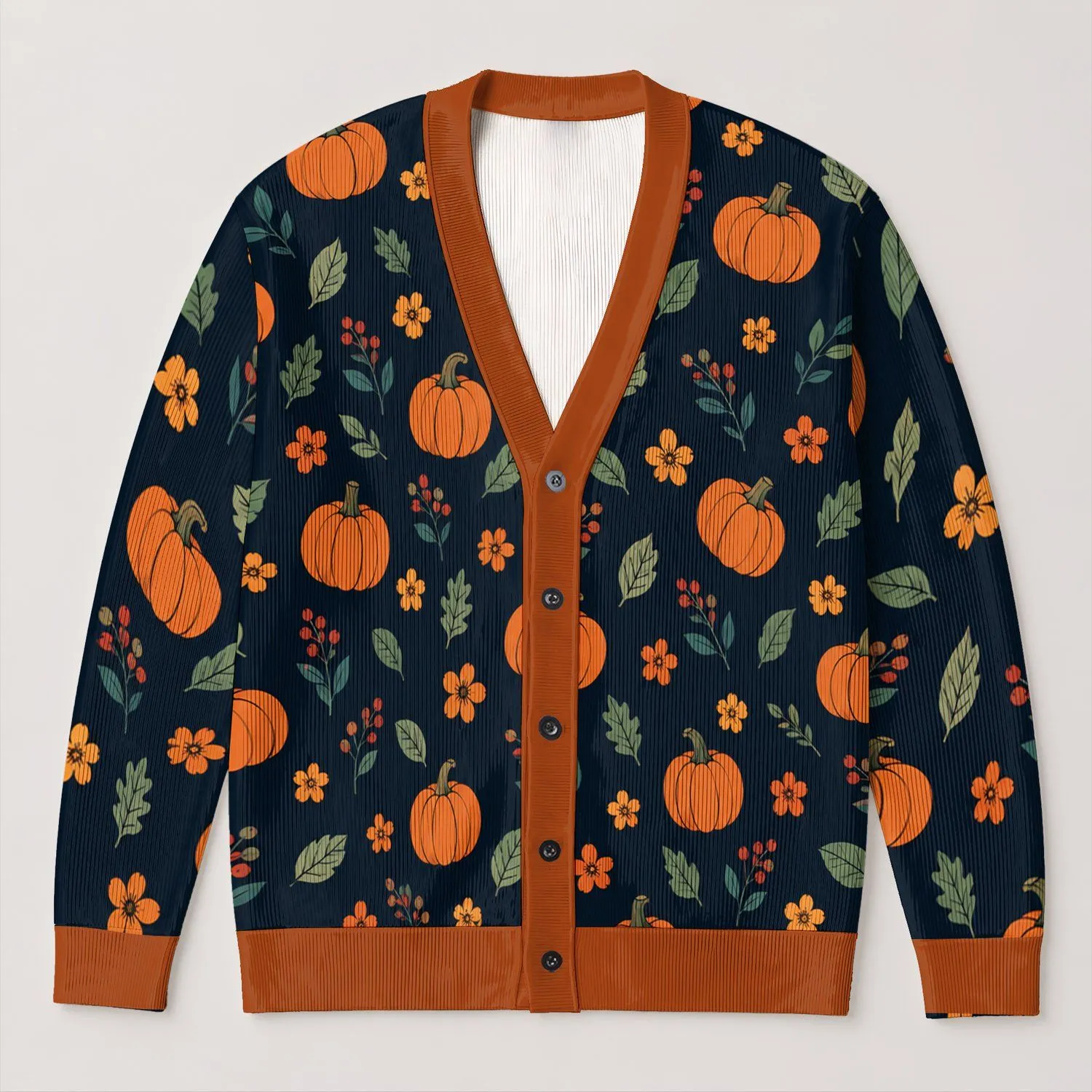 Pumpkin Harvest and Autumn Leaves for Cozy Thanksgiving Gatherings and Seasonal Fall Style All-over Print Knitted Cardigan - 1