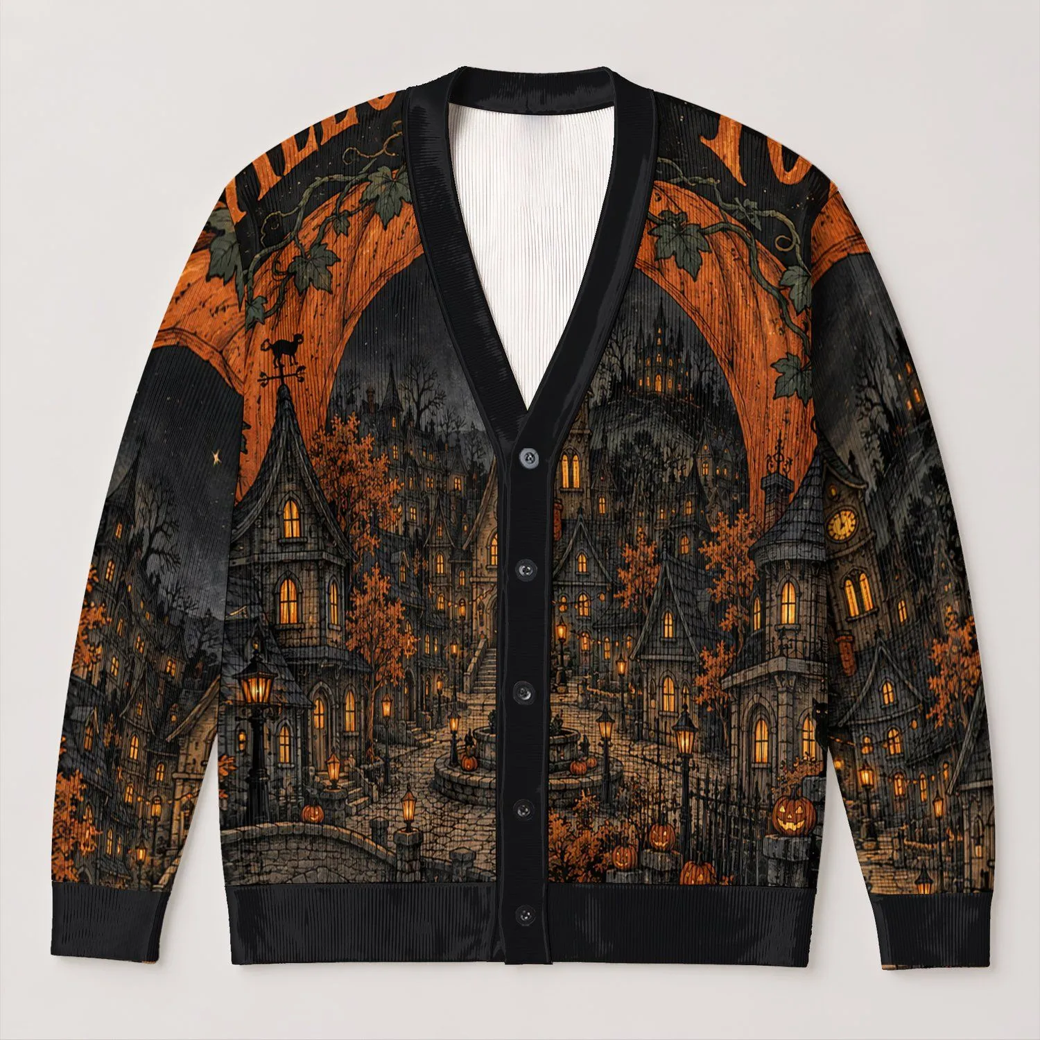 Haunted Halloween Town Pumpkin Village for October Nights and Spooky Season Fans All-over Print Knitted Cardigan - 1