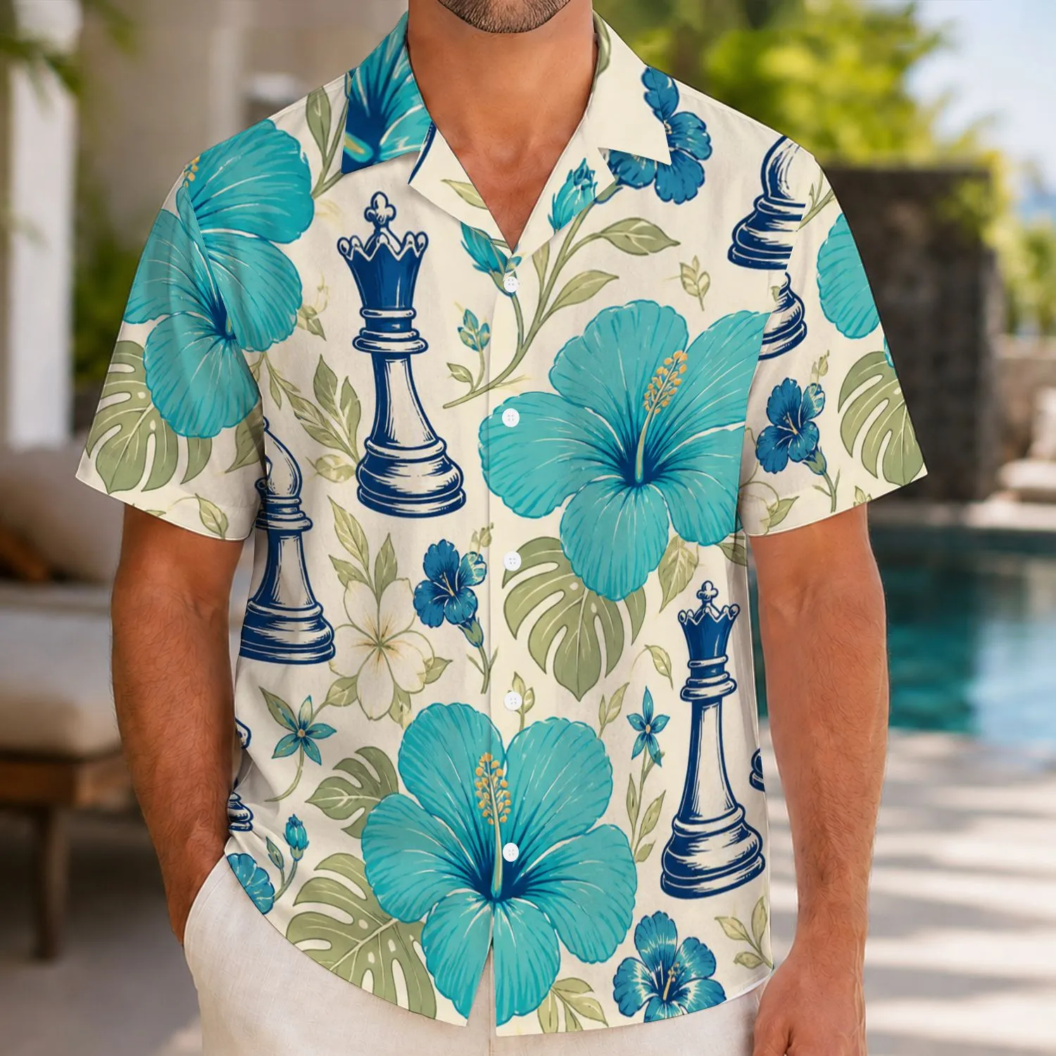 Blue Hibiscus Chess Pieces for Beach Vacations and Resort Weekends Gift for Strategy Fans Hawaiian Shirt - 1