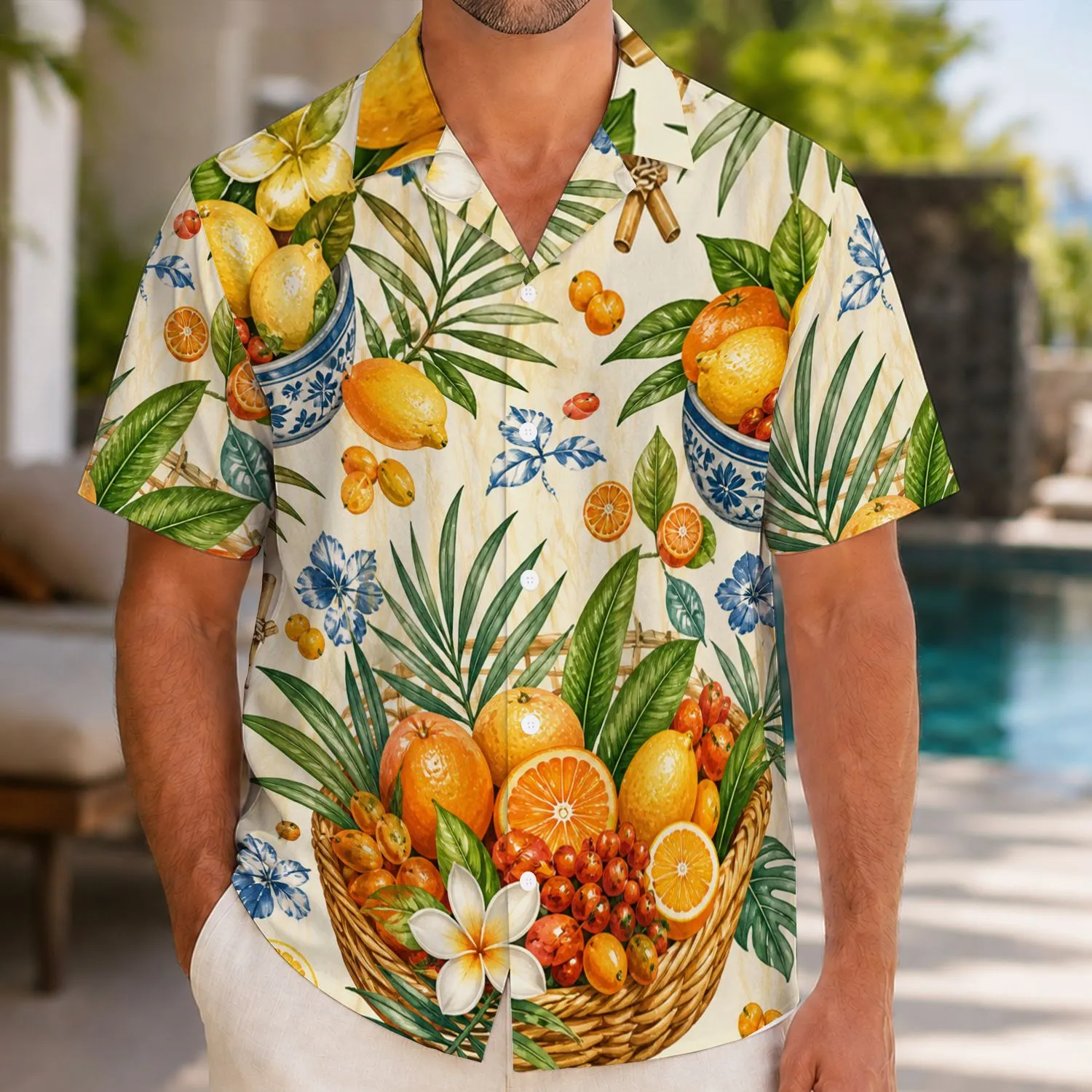 Citrus Farmers Market Fruit Baskets Tropical Botanical Style for Resort Vacations Hawaiian Shirt - 1
