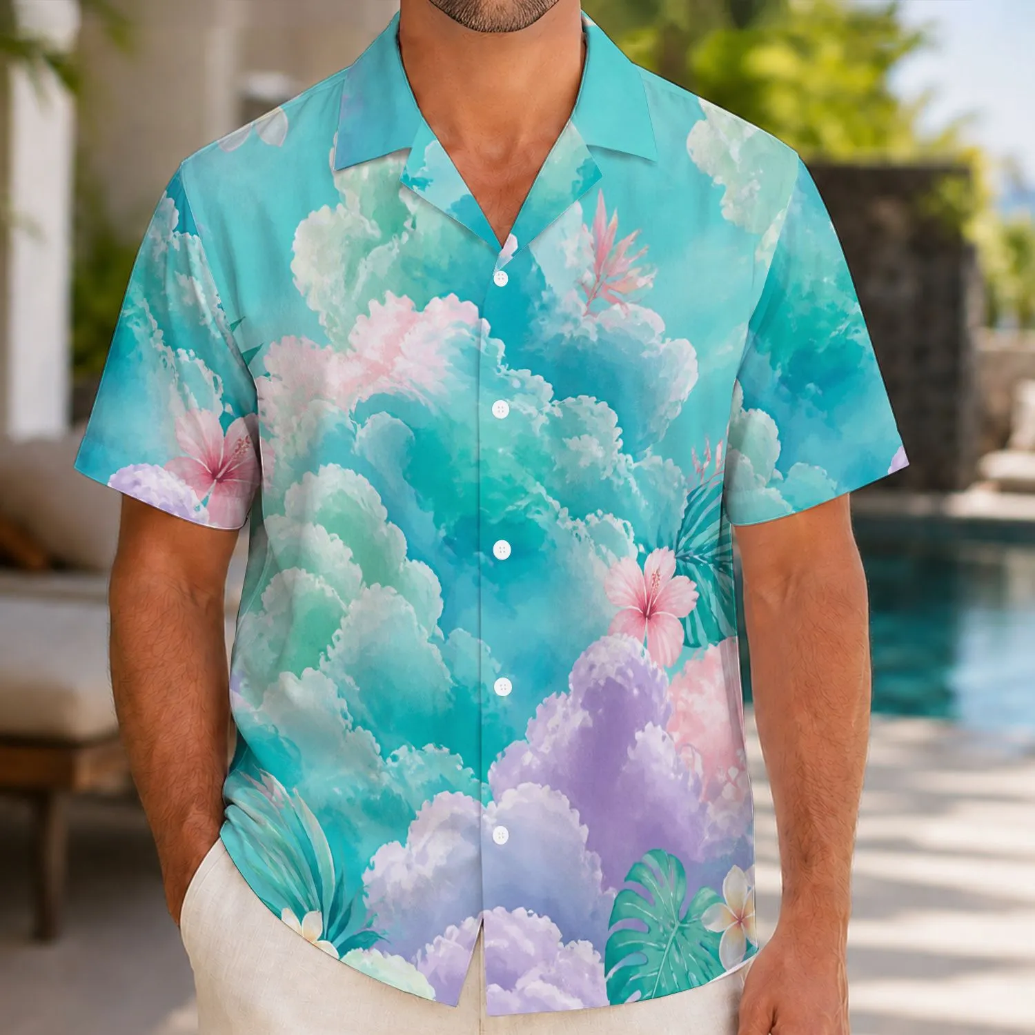 Turquoise Lavender Cloudscape for Beach Holidays, Resort Lounging, and Island Escapes Hawaiian Shirt - 1