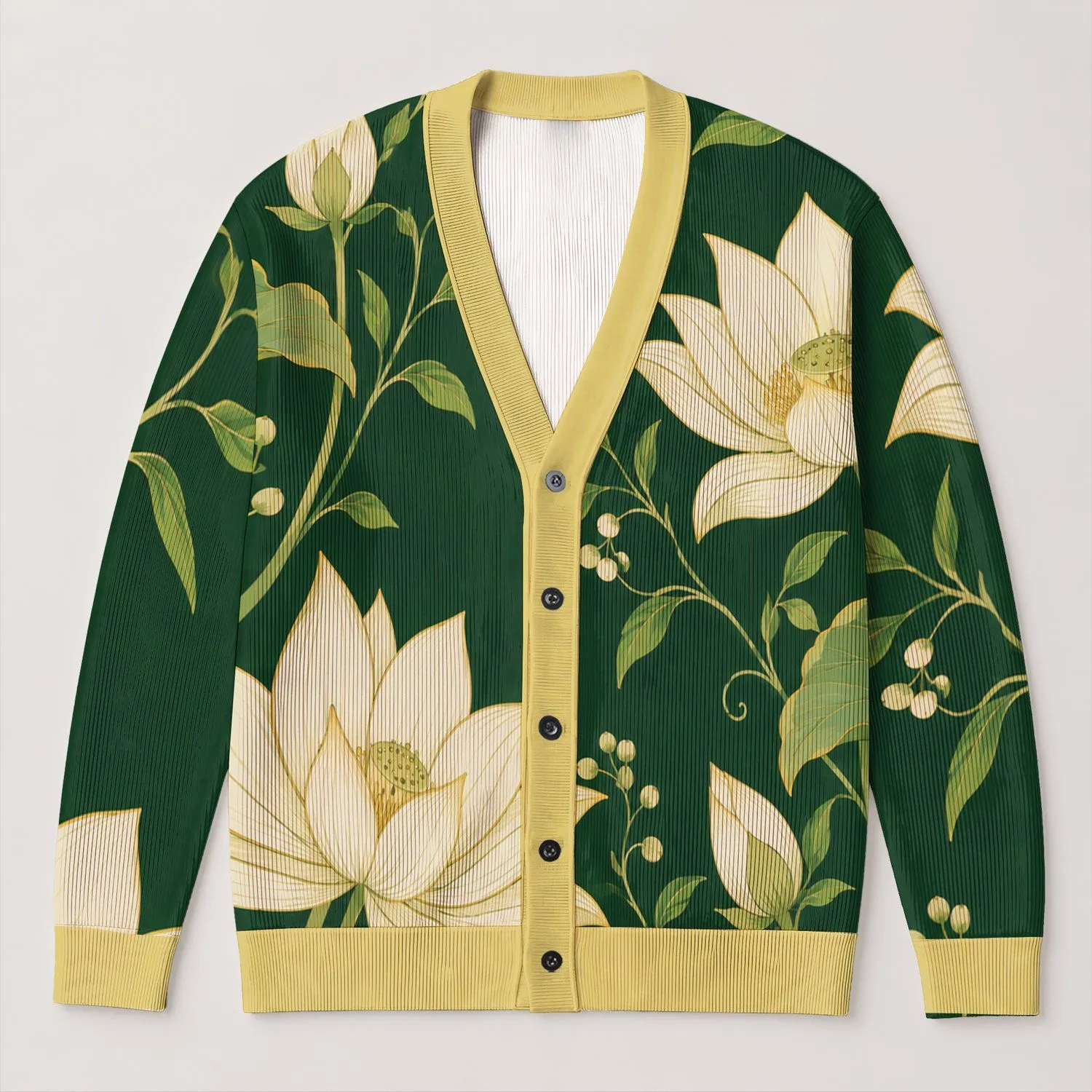 Emerald Lotus Botanicals for Enchanted Halloween Cosplay and Everyday Layering All-over Print Knitted Cardigan - 1