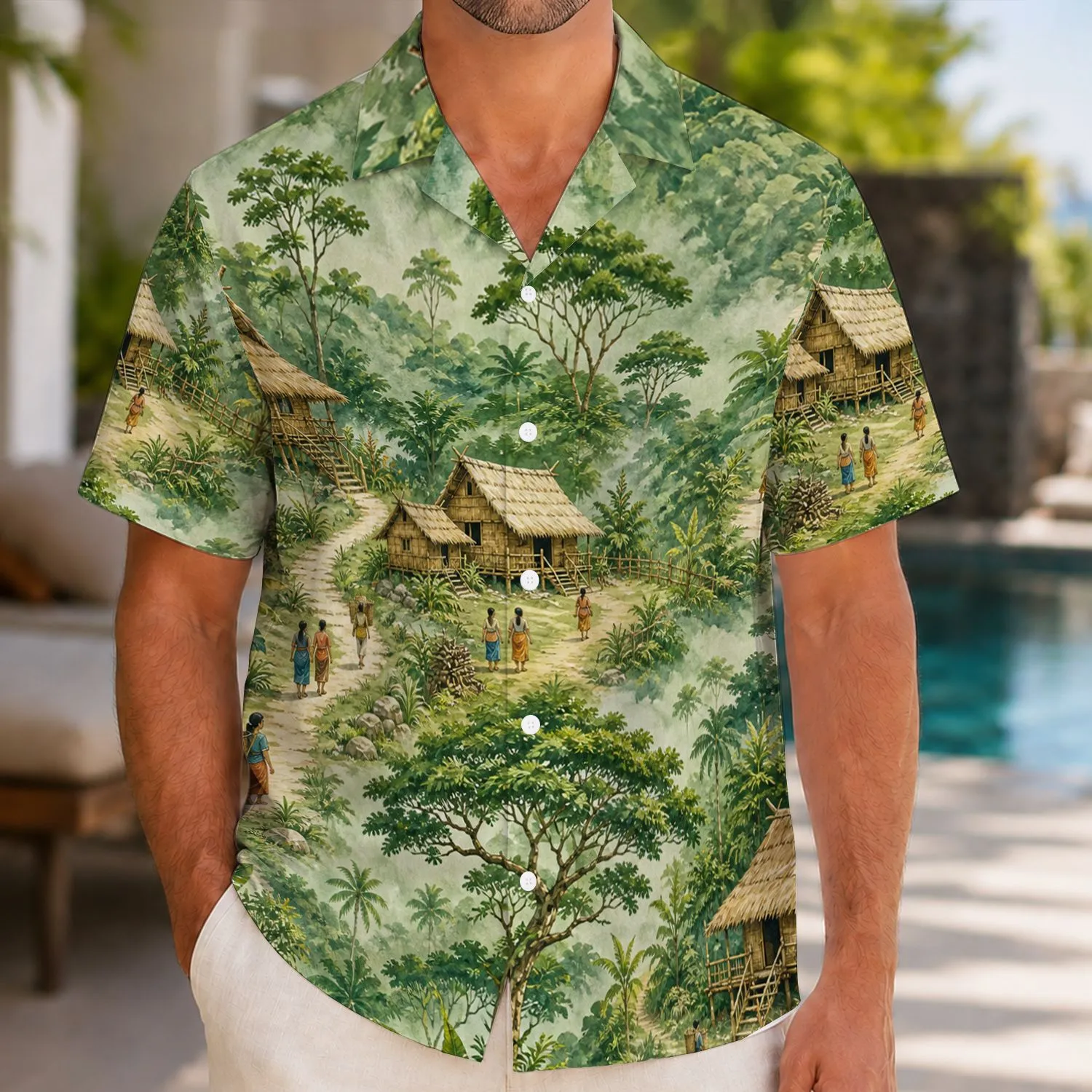 Tropical Misty Mountain Village Scene for Resort Getaways, Island Travel, Nature Lovers Hawaiian Shirt - 1