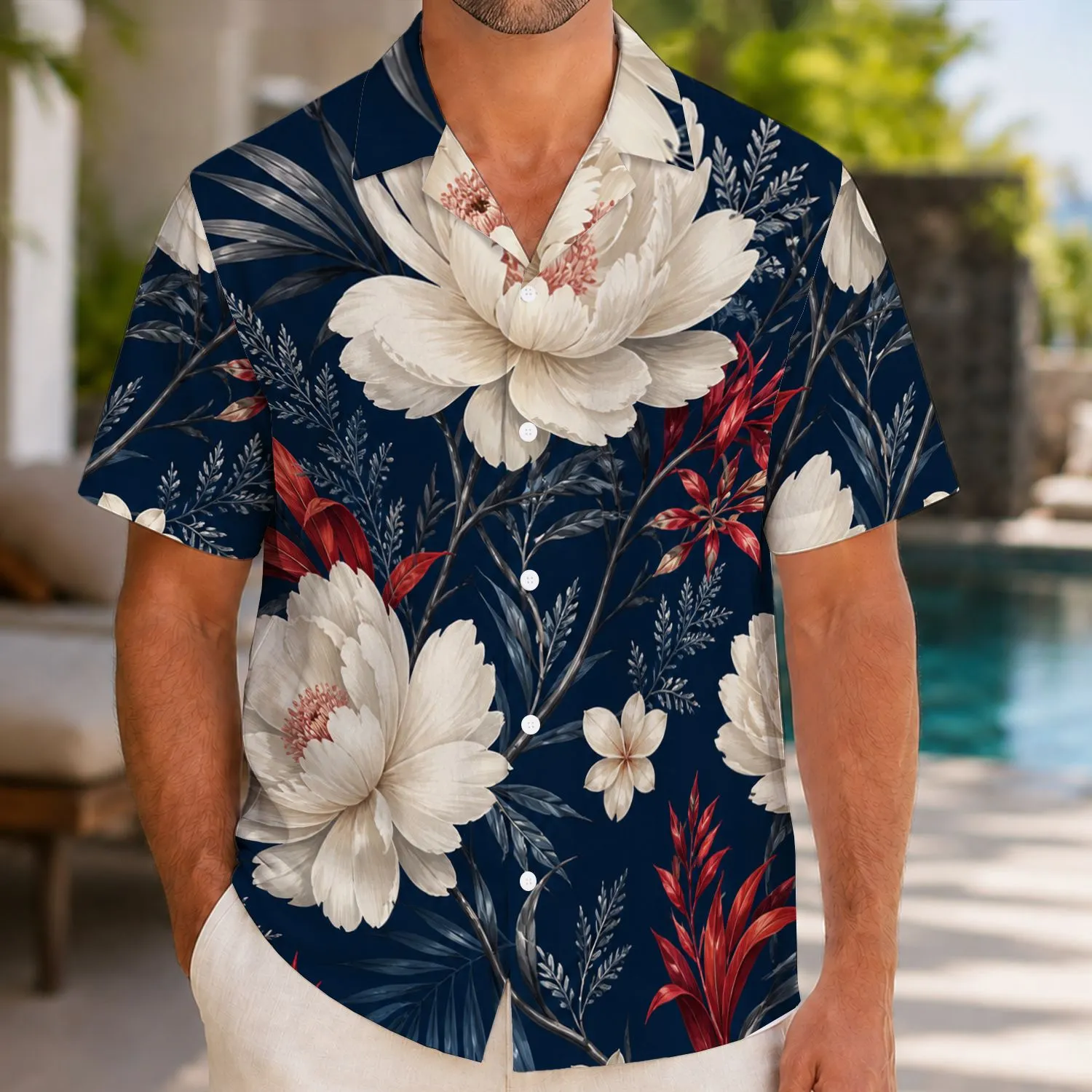 White Peony and Scarlet Botanical Garden Retreat for Beach Holidays and Resort Living Hawaiian Shirt - 1
