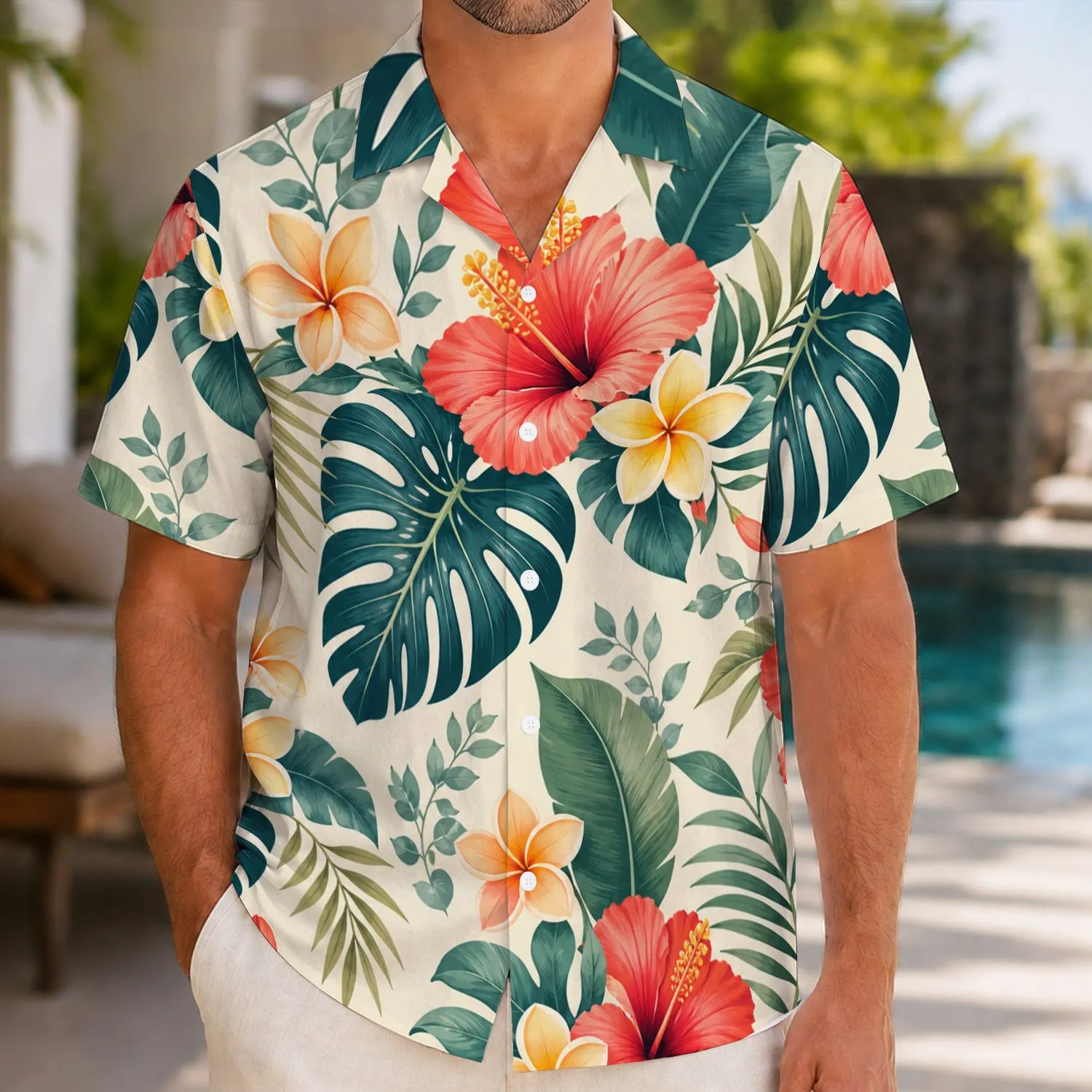 White Monstera Hibiscus Plumeria Tropical Look for Island Vacations and Resort Days Hawaiian Shirt - 1