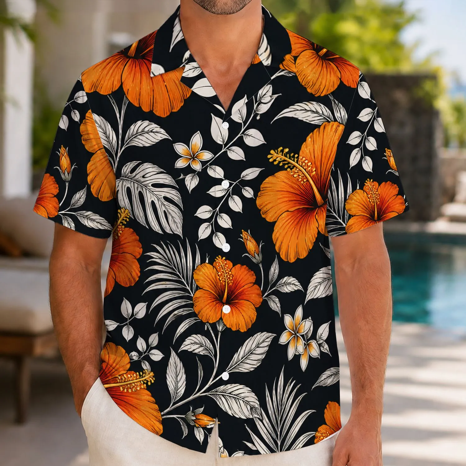 Orange Hibiscus and White Botanical Vines for Tropical Resort Vacations and Island Evenings Hawaiian Shirt - 1