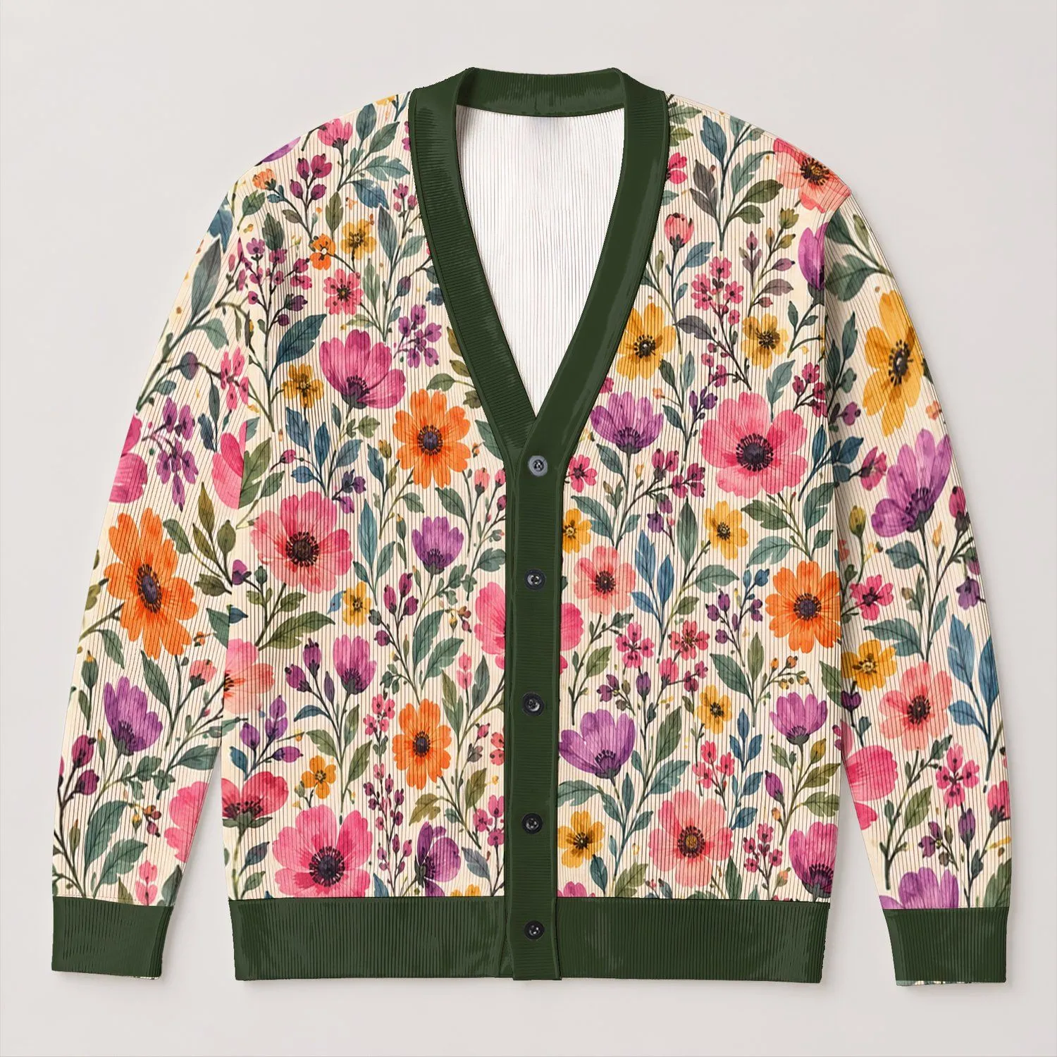 Watercolor Wildflowers in Pink Orange and Purple for Spring Weekend Layering Style All-over Print Knitted Cardigan - 1