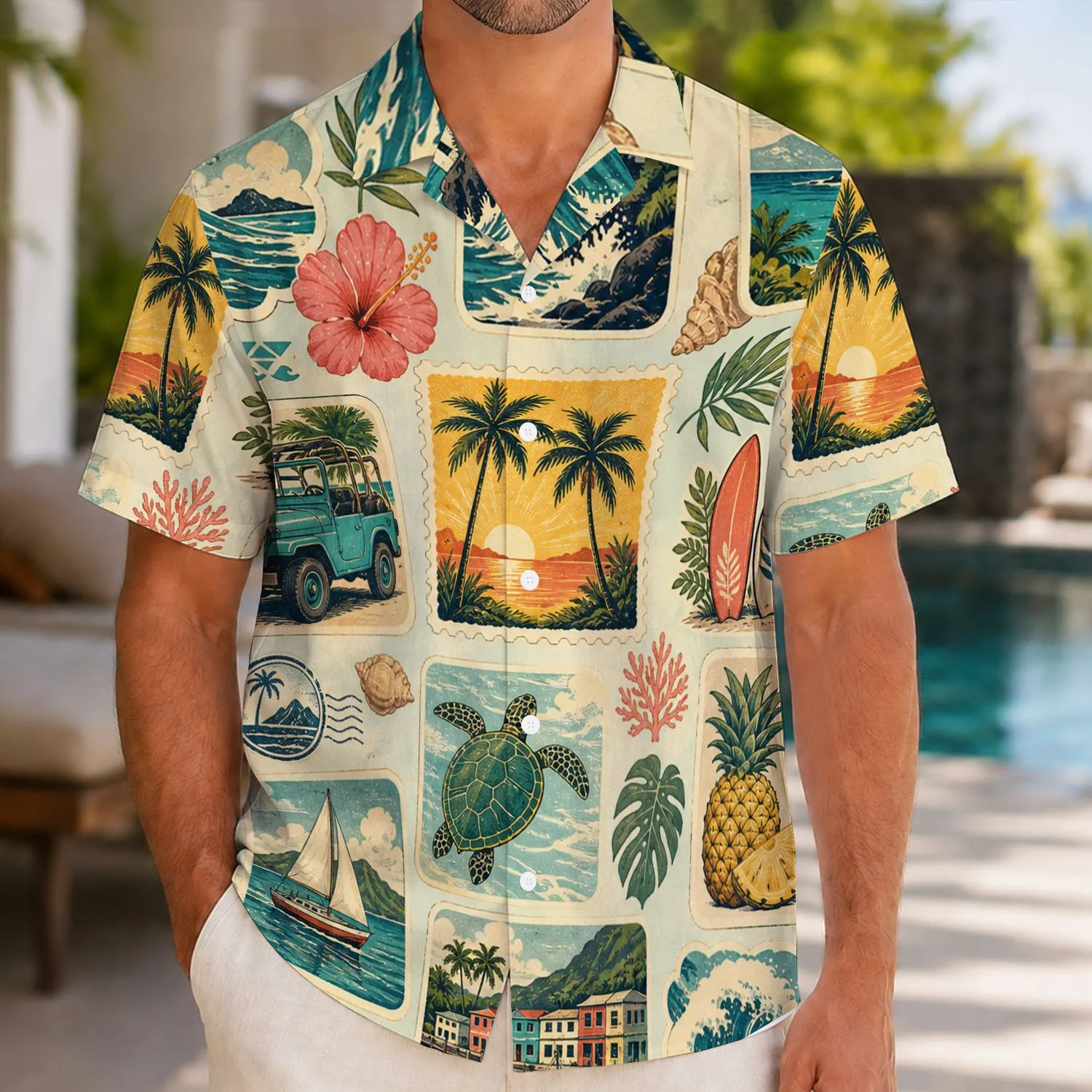 Vintage Island Postcard Scenes for Beach Vacations, Resort Travel and Getaways for Men Hawaiian Shirt - 1