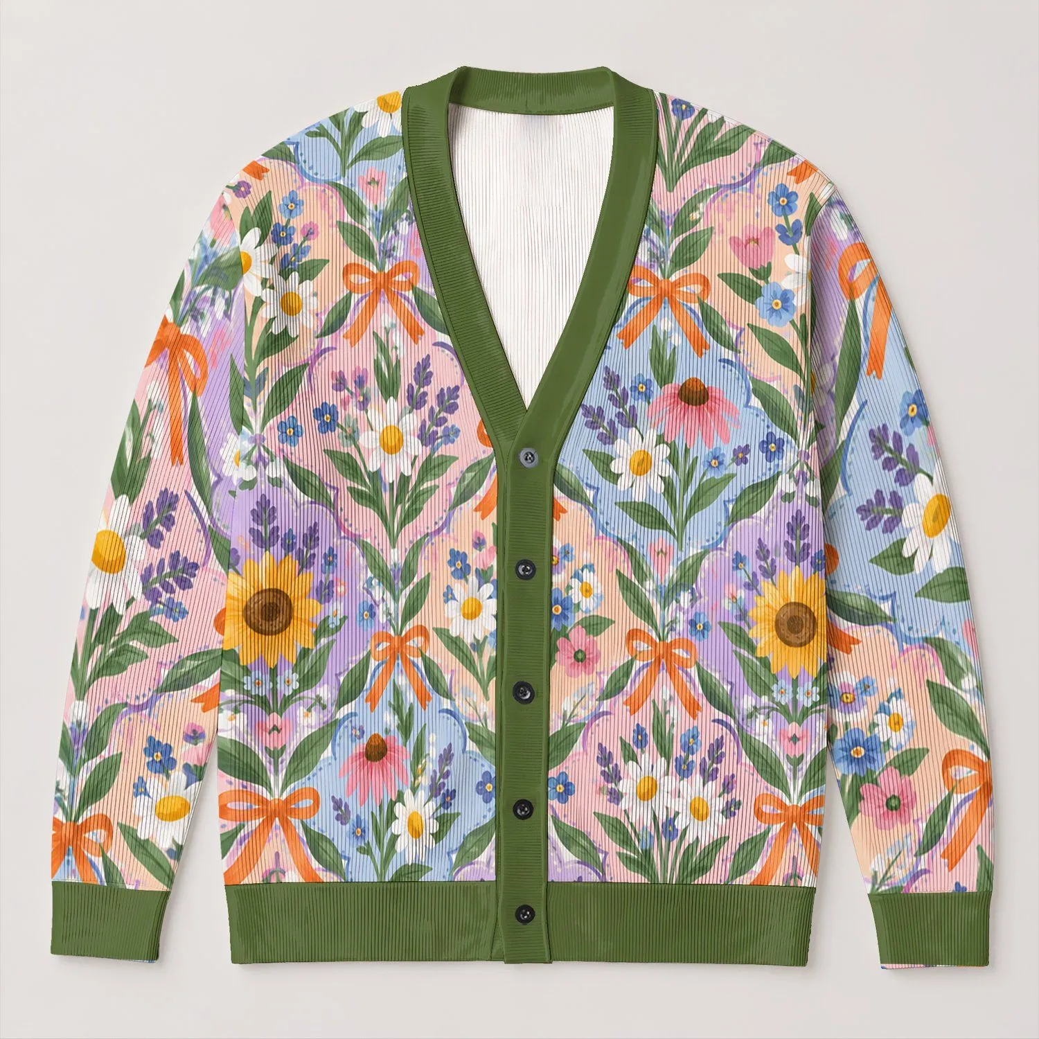 Pastel Floral Bow Garden with Sunflowers for Spring Getaways and Date Nights for Women All-over Print Knitted Cardigan - 1