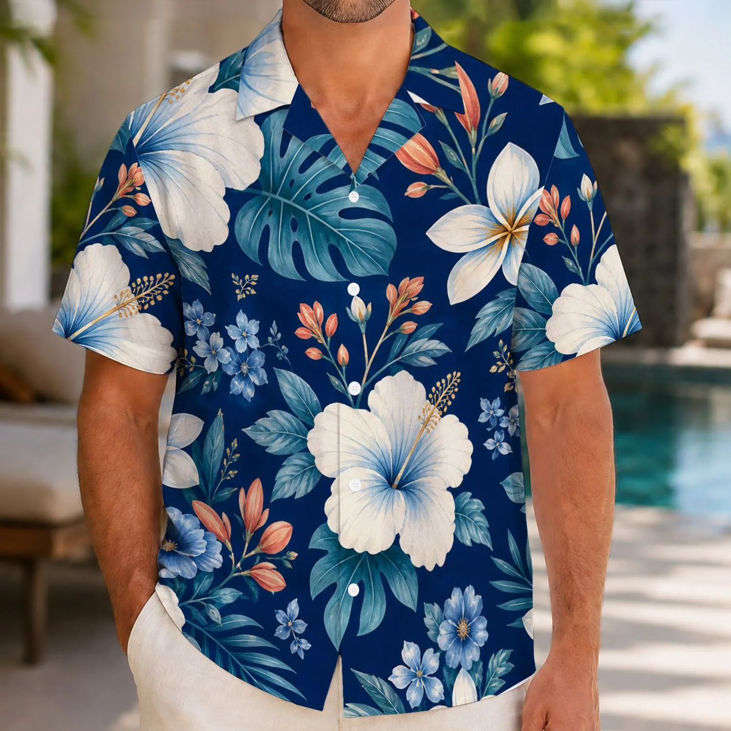 Navy Hibiscus Couple Floral Matching Outfit for Tropical Vacations and Resort Getaways Hawaiian Shirt - 1
