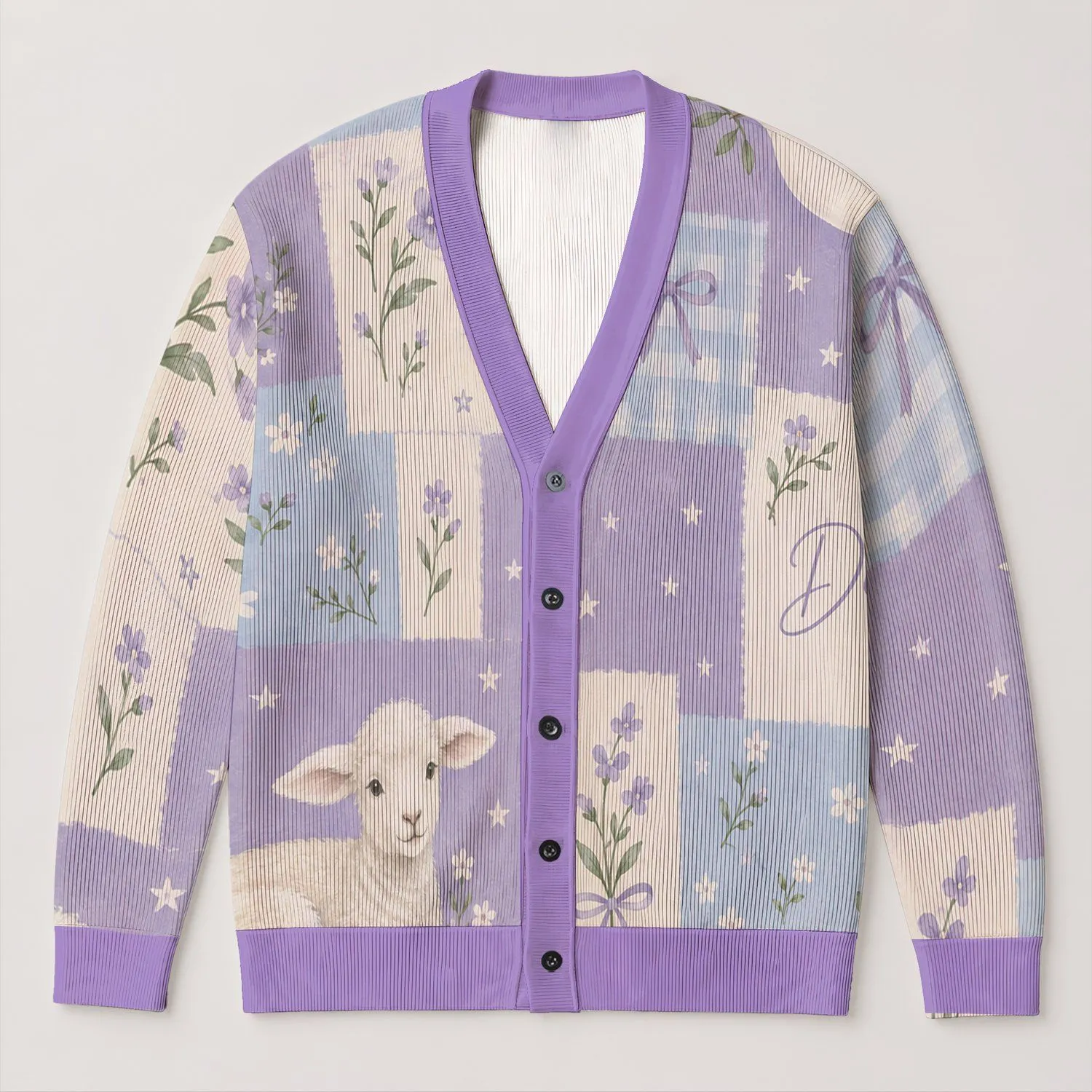 Purple Lamb of God and Dove Faith Gift for Women, Christian Everyday Layering Wear All-over Print Knitted Cardigan - 1