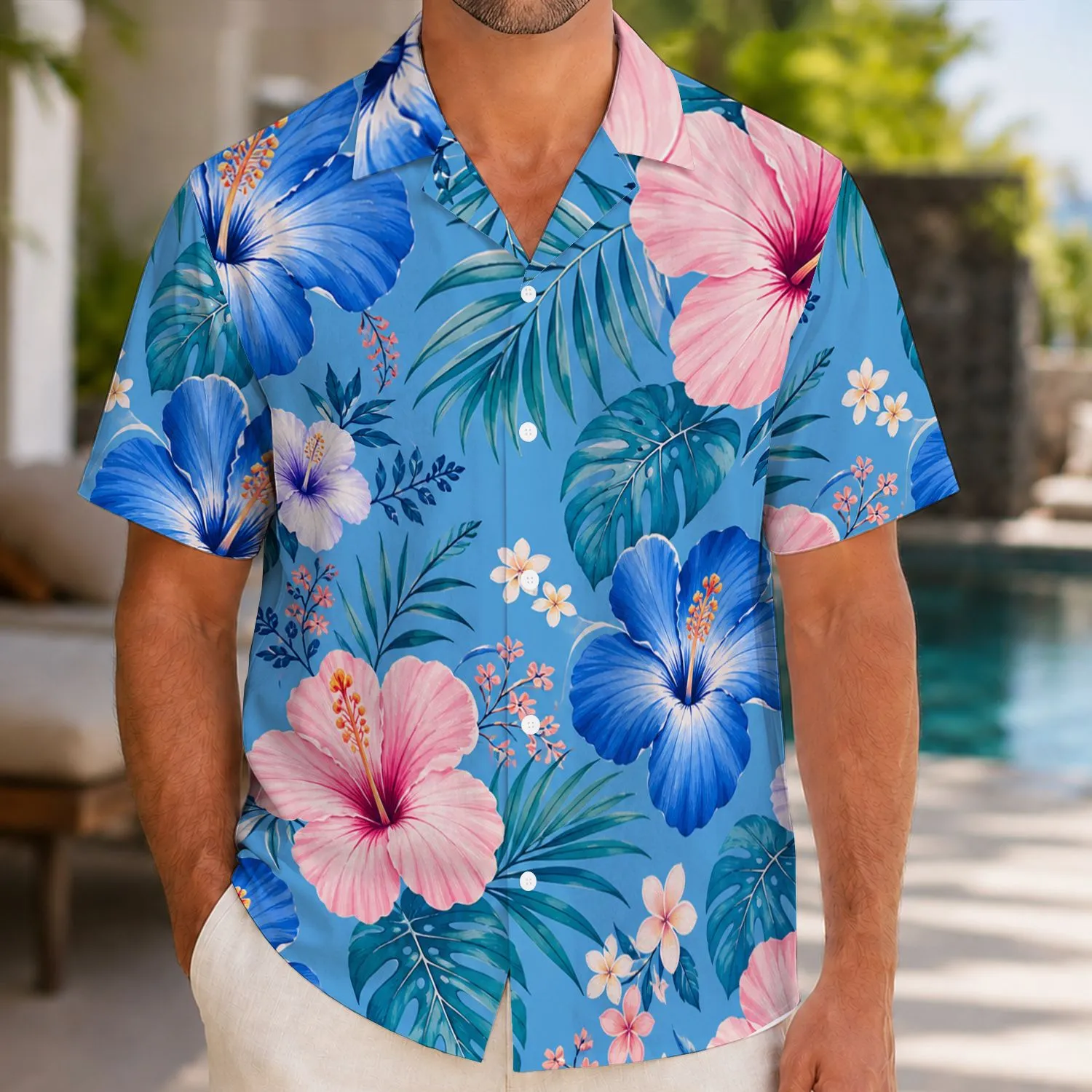 Blue Hibiscus Flowers for Beach Vacations and Island Getaways for Matching Couples Hawaiian Shirt - 1