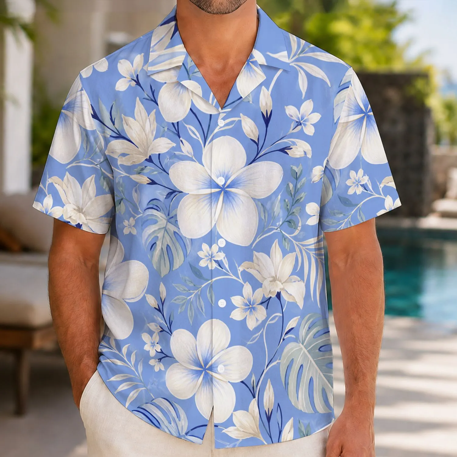 Blue White Tropical Florals for Golf Getaways and Resort Vacation Couple Outfits Hawaiian Shirt - 1