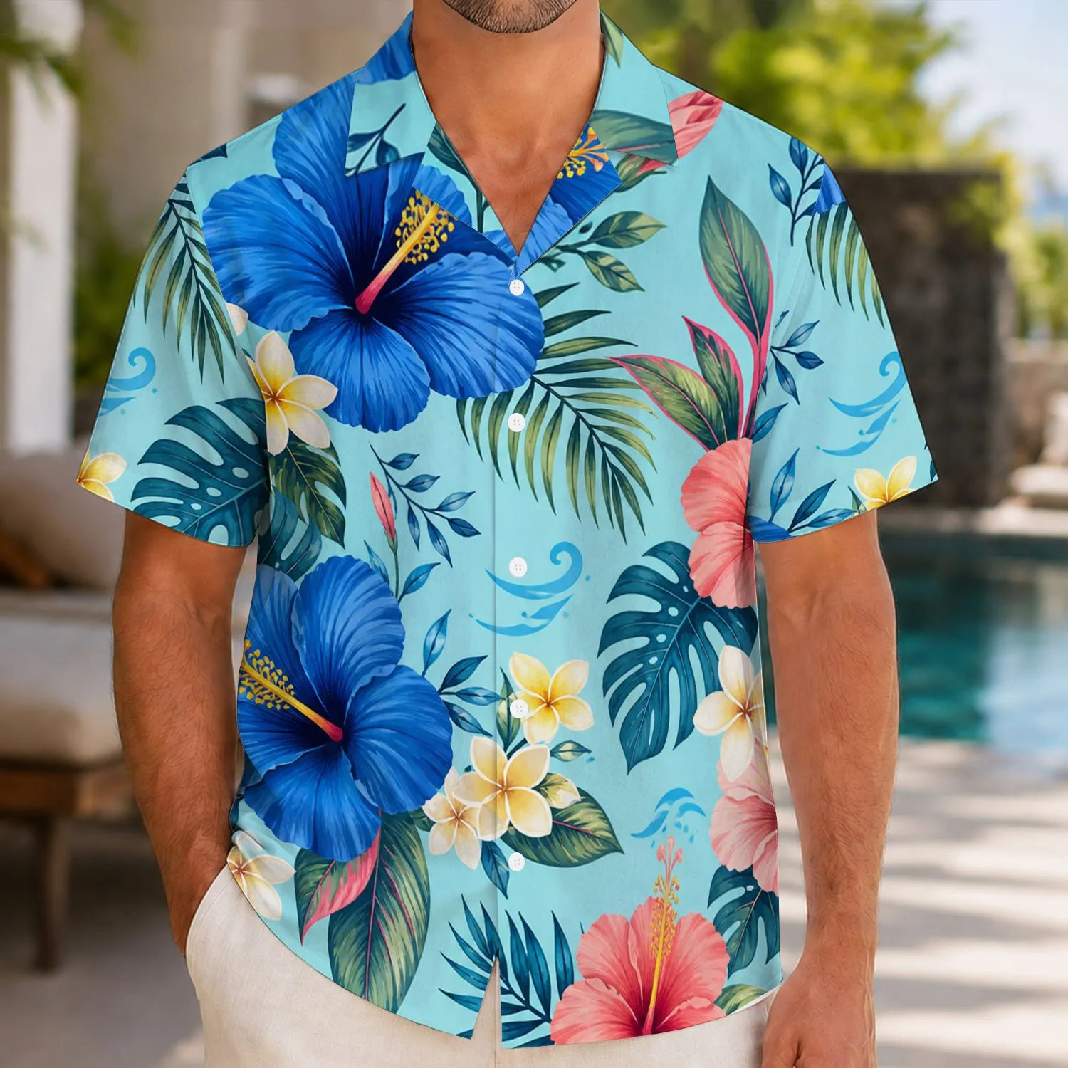 Blue Hibiscus and Pink Plumeria Family Vacation Florals for Tropical Beach Holidays Hawaiian Shirt - 1
