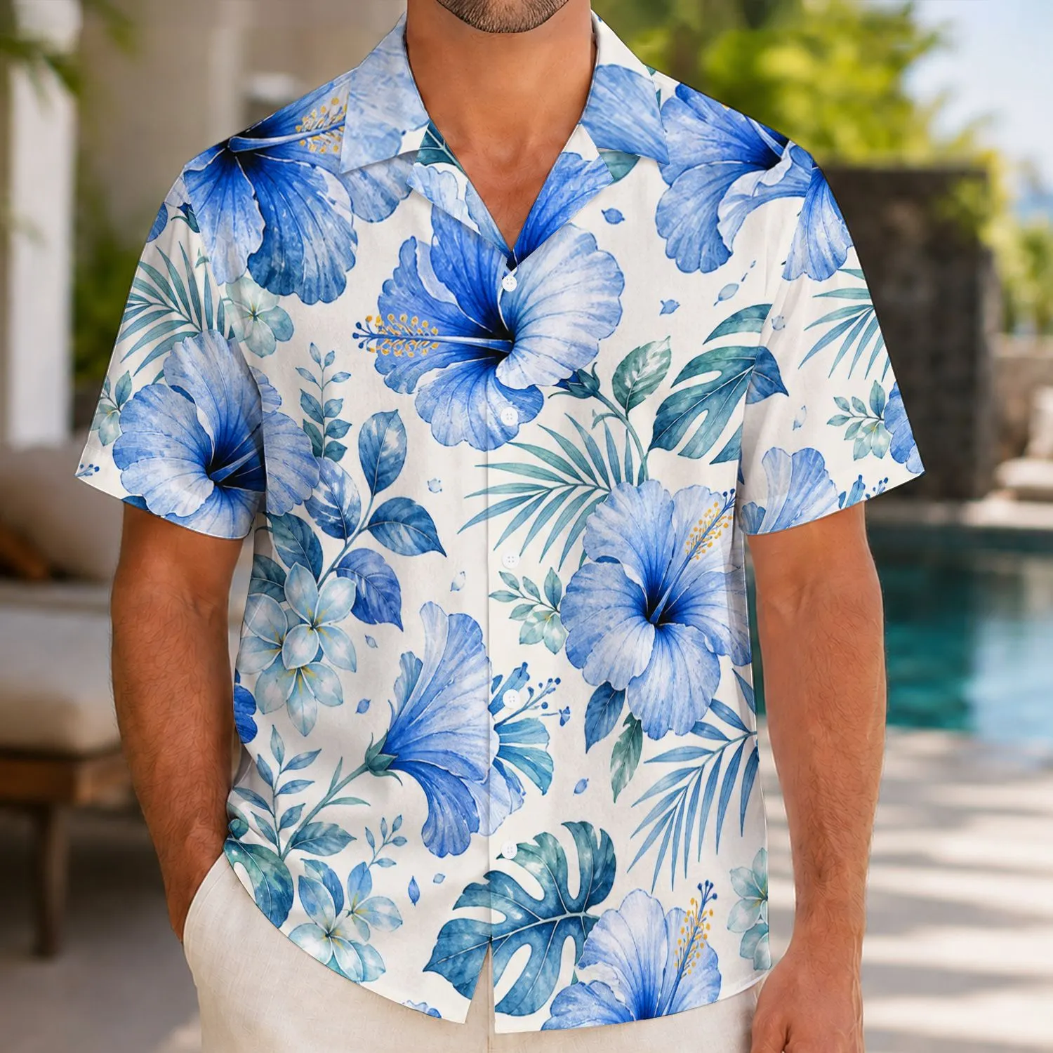 Blue Watercolor Hibiscus Blooms For Poolside Escapes And Tropical Vacations Couples Hawaiian Shirt - 1
