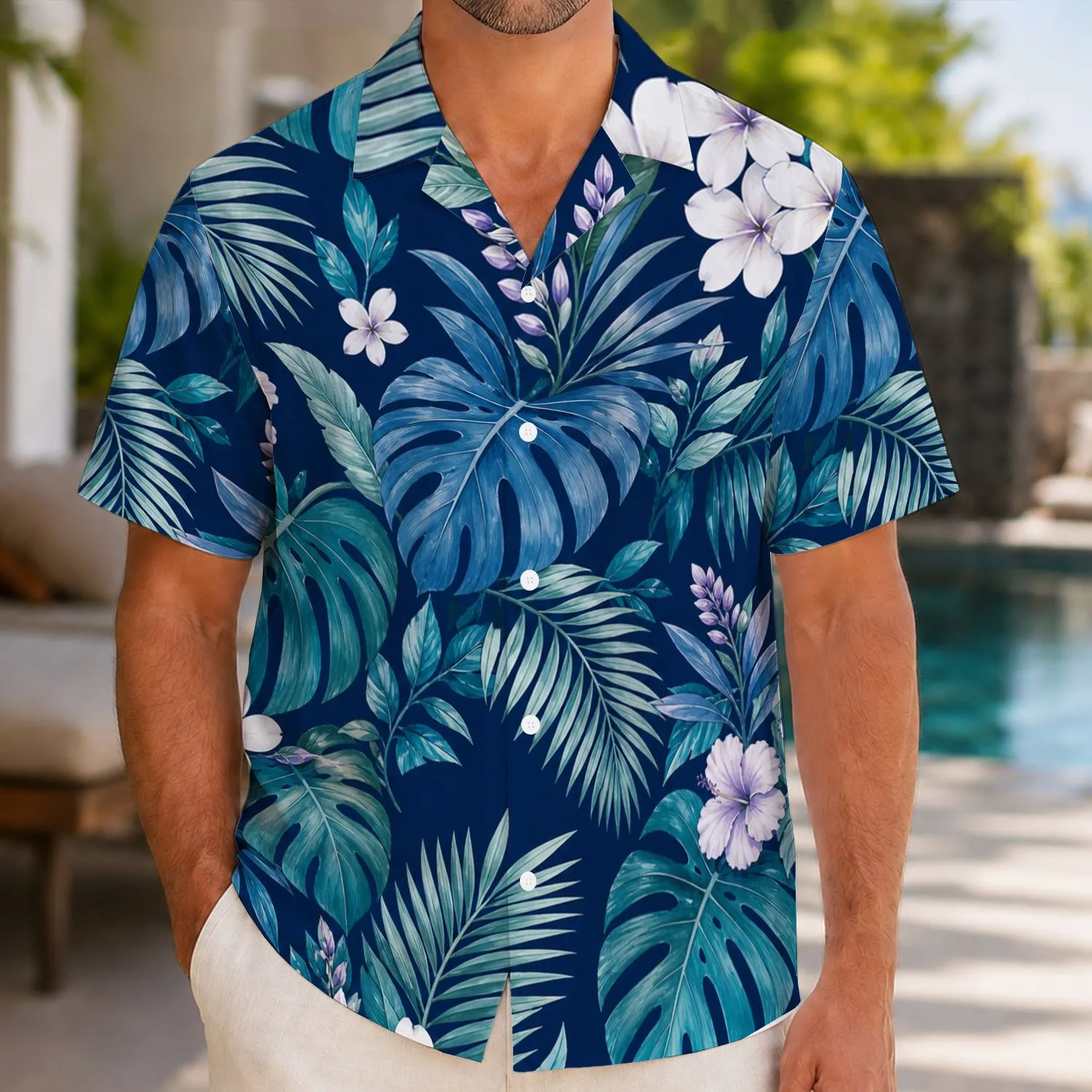 Navy Tropical Monstera Floral Couple Resort Style For Beach Getaways And Island Vacations Hawaiian Shirt - 1