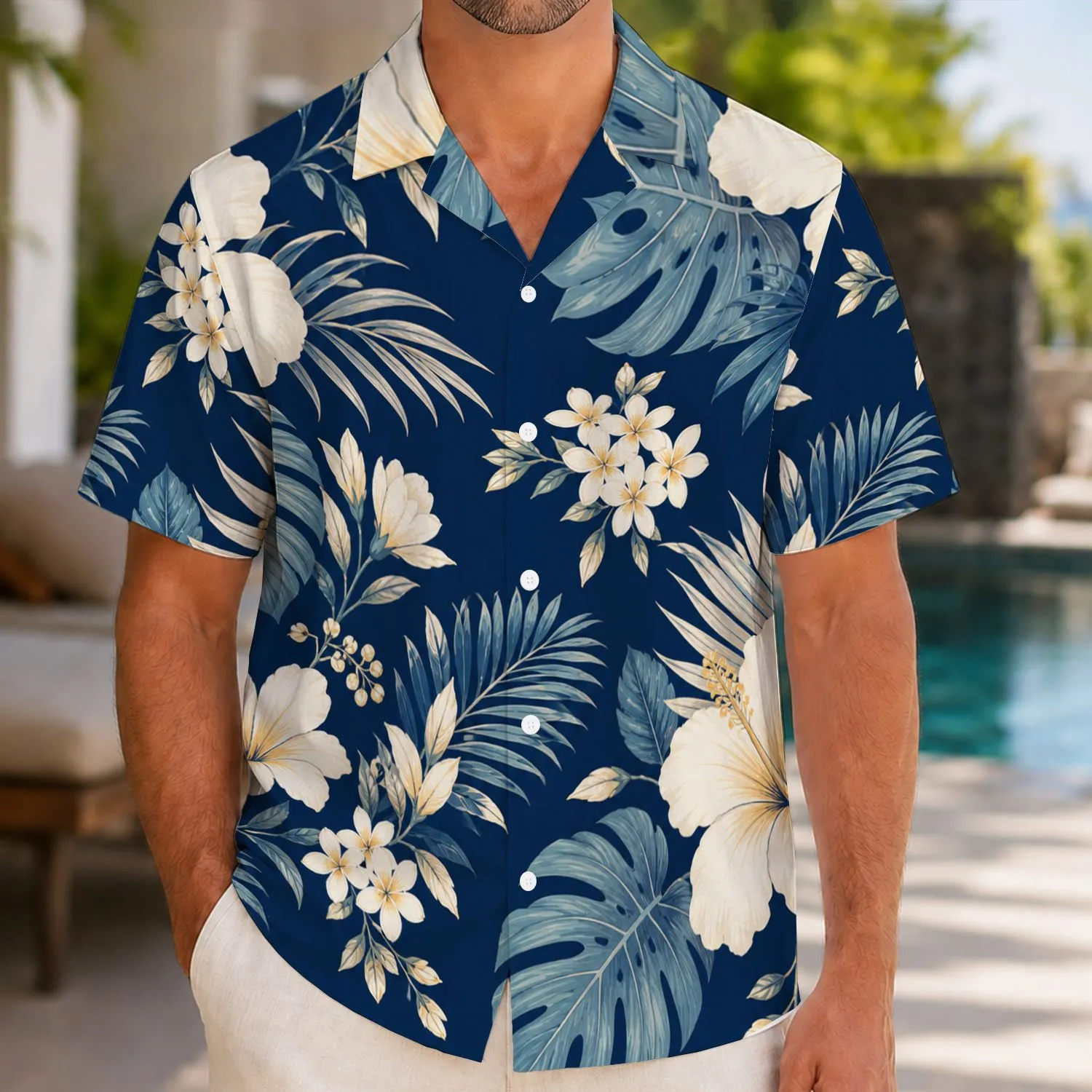 Navy Hibiscus Couple Resort Style for Tropical Vacations and Elegant Beach Escapes Hawaiian Shirt - 1