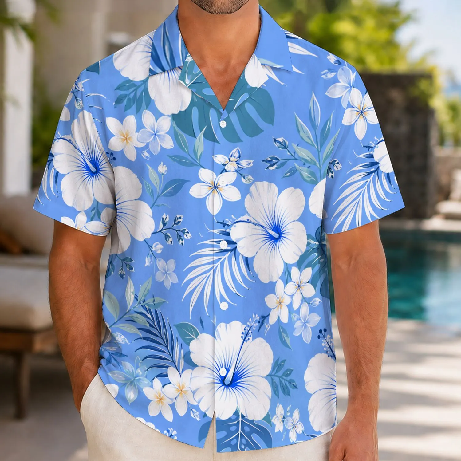 Blue Hibiscus Botanical Motifs for Island Vacations, Beach Getaways, and Couples Hawaiian Shirt - 1
