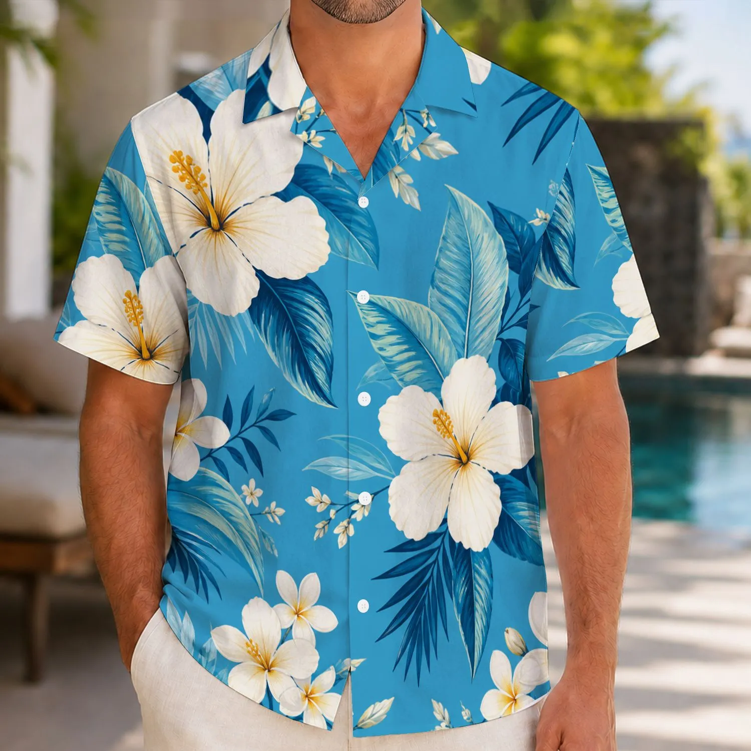 Blue Hibiscus Floral Beach Couple Style for Tropical Vacations and Island Getaways Hawaiian Shirt - 1