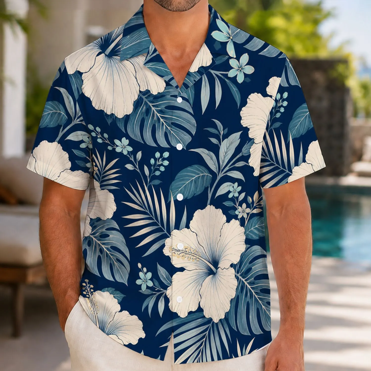 Navy Hibiscus Tropical Golf Outing Style for Couples and Elegant Resort Getaways Hawaiian Shirt - 1