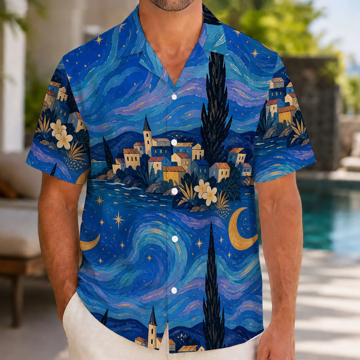 Swirling Moonlit Village Couple Gift For Romantic Summer Lounging And Getaways Together Hawaiian Shirt - 1