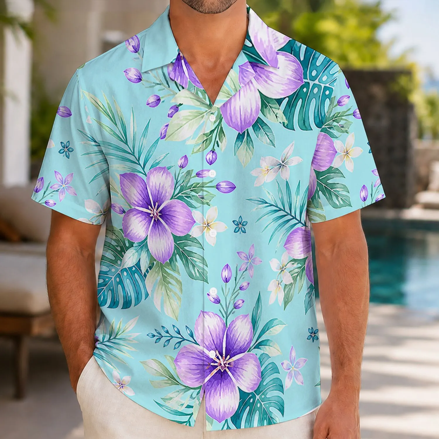 Aqua Plumeria Floral Beach Style for Tropical Vacations and Island Getaways for Couples Hawaiian Shirt - 1