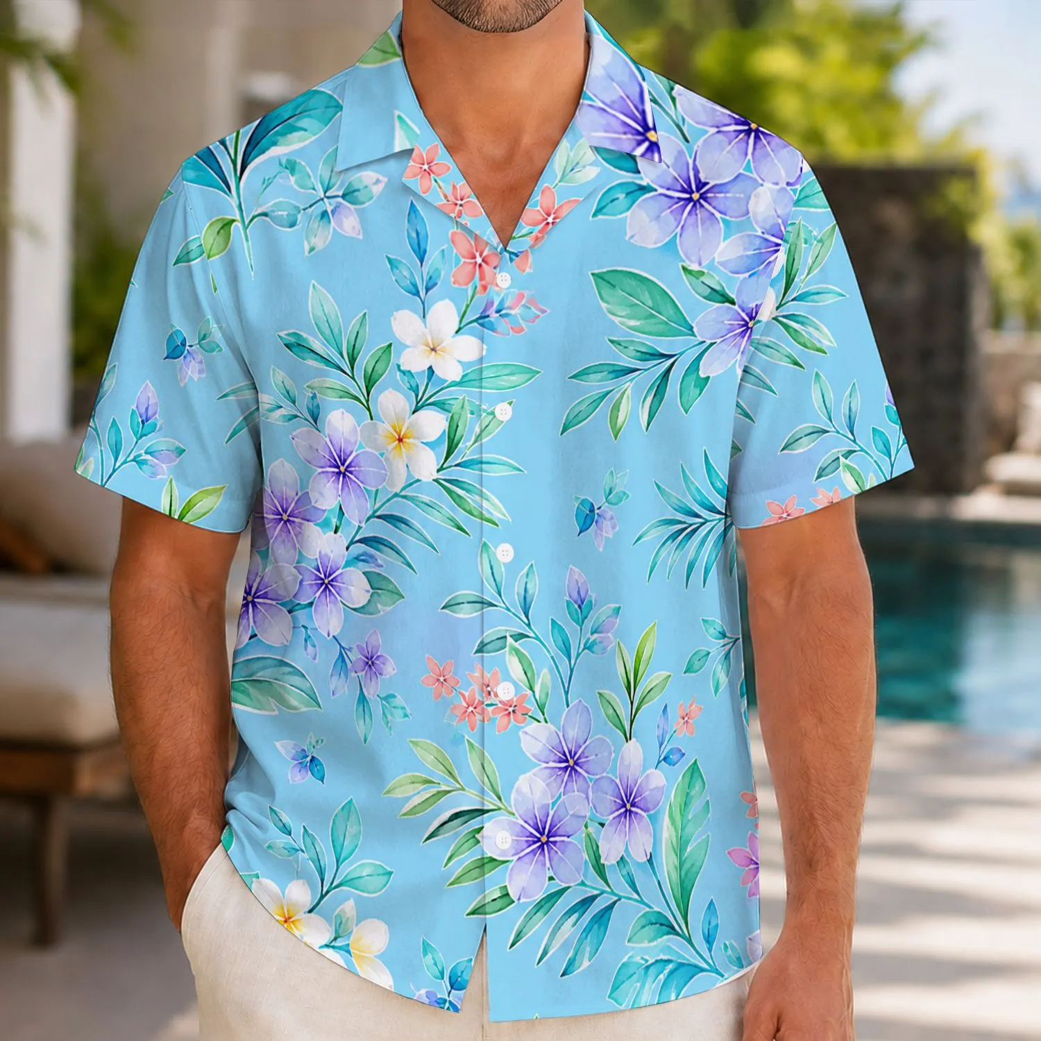 Sky Blue Tropical Floral Family Beach Style For Matching Vacation Outfits Together Hawaiian Shirt - 1