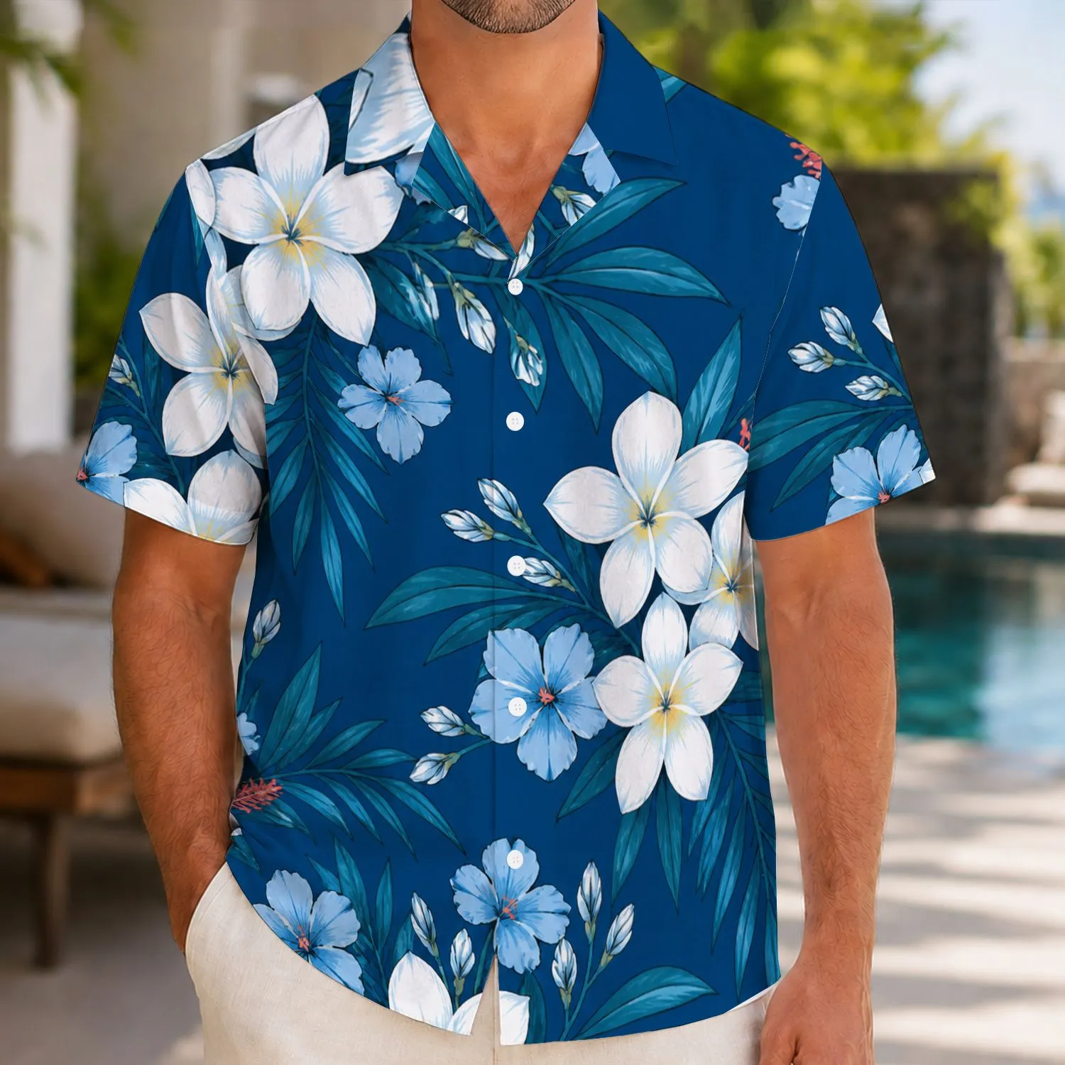 Navy Plumeria Couple Flowers for Tropical Vacations, Resort Getaways, and Honeymoons Hawaiian Shirt - 1