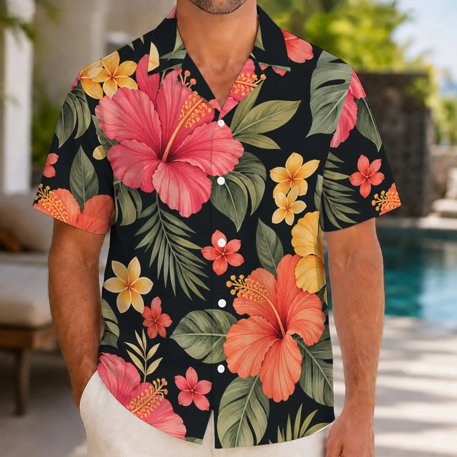Coral Hibiscus and Golden Plumeria for Island Vacations and Family Getaways Hawaiian Shirt - 1