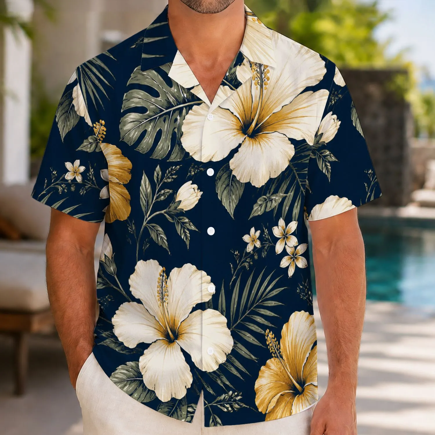 Gold White Hibiscus Family Vacation Floral Matching Looks For Mom Dad And Children Hawaiian Shirt - 1