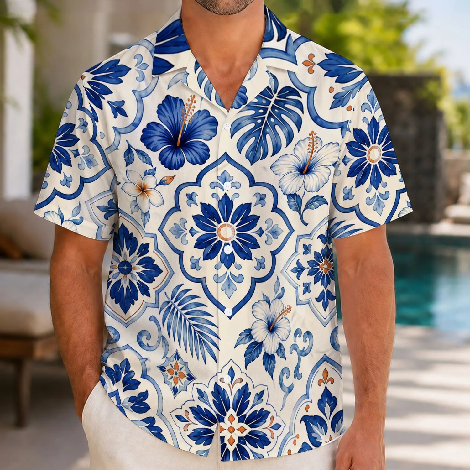 Blue Mediterranean Tile Motifs for Couples’ Santorini Vacation Resort Holiday Style Hawaiian Shirt - 1