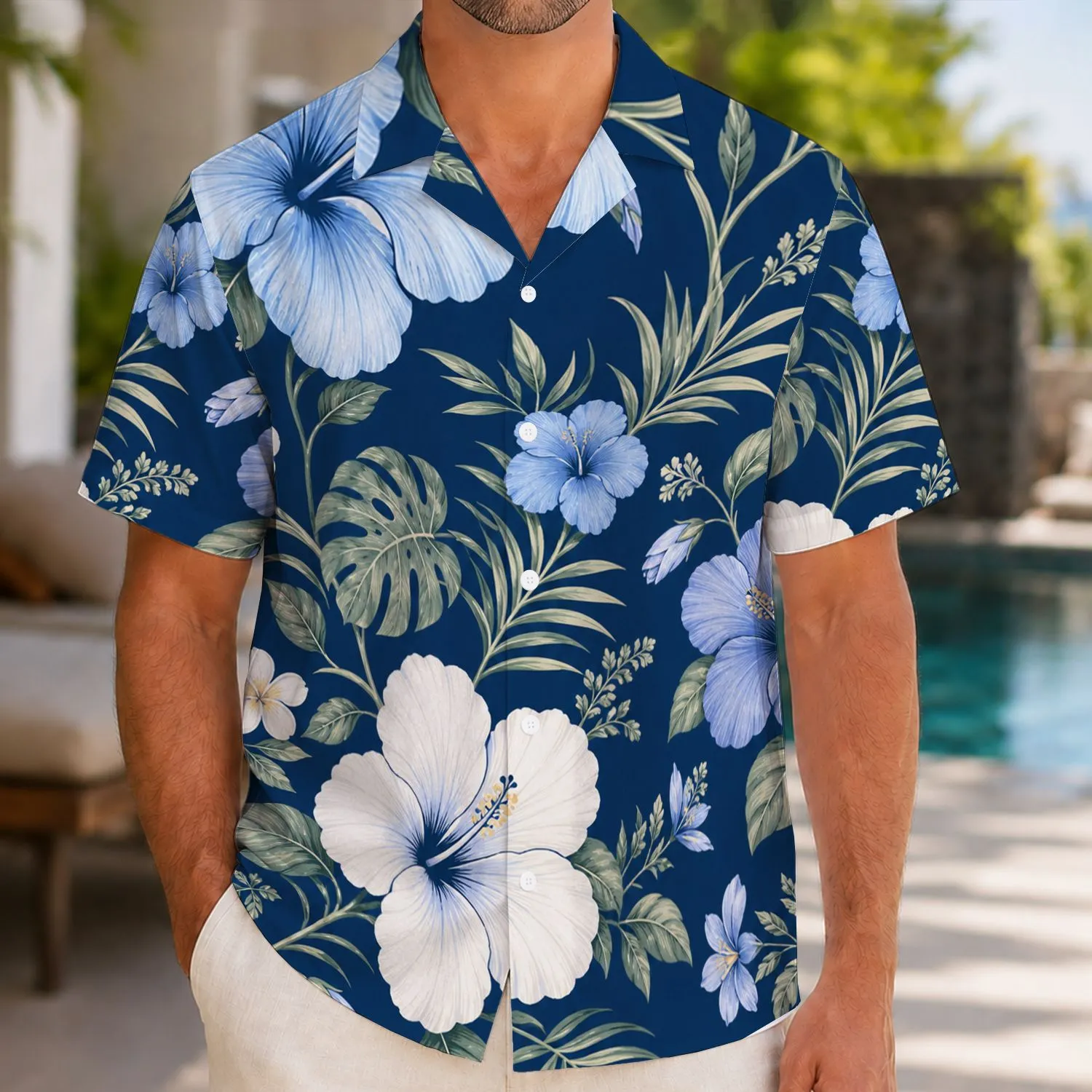 Navy Hibiscus Couple Floral Motif for Golf Holidays, Vacations, and Resort Wear Together Hawaiian Shirt - 1