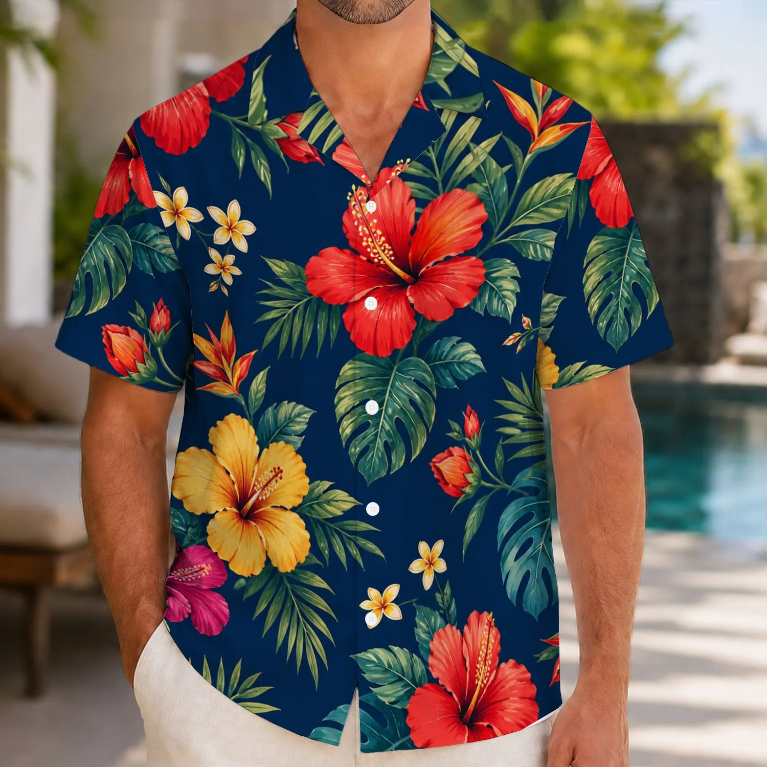 Red and Yellow Hibiscus Blooms for Tropical Vacation Couples and Beach Getaway Style Hawaiian Shirt - 1
