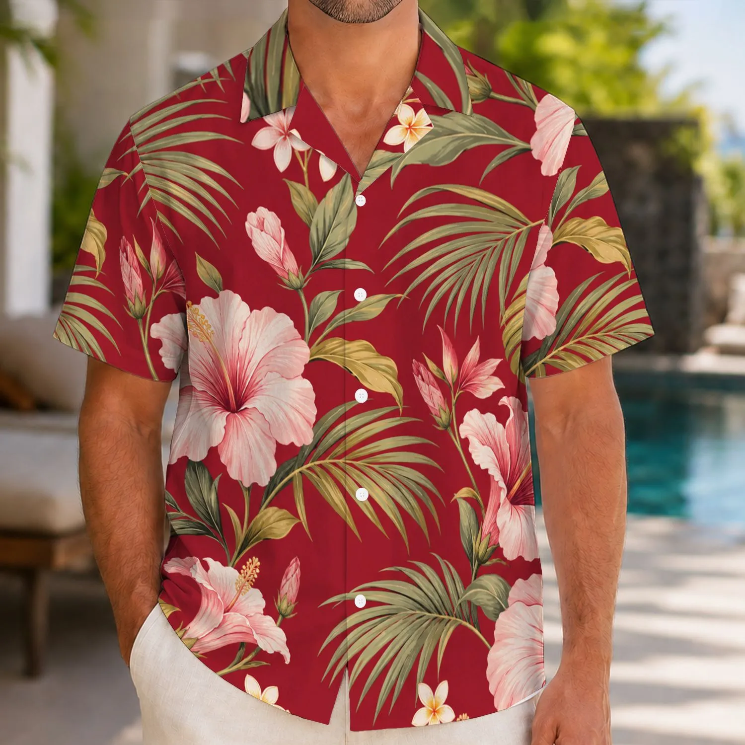 Burgundy Hibiscus Palm Fronds for Resort Vacations and Tropical Summer Travel Getaways Hawaiian Shirt - 1