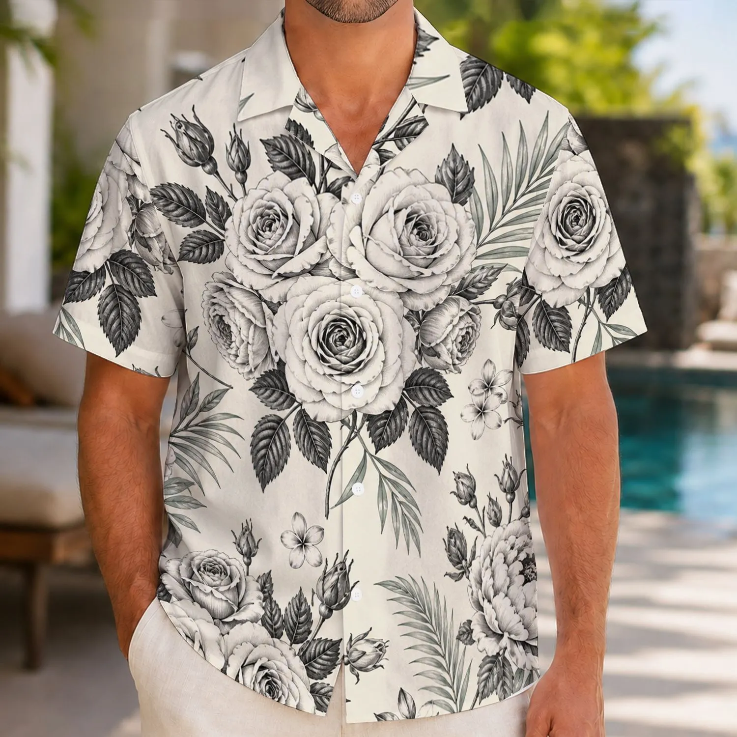 Black And White Rose Bouquet Motifs For Romantic Lounging And Couple Getaways At Home Hawaiian Shirt - 1