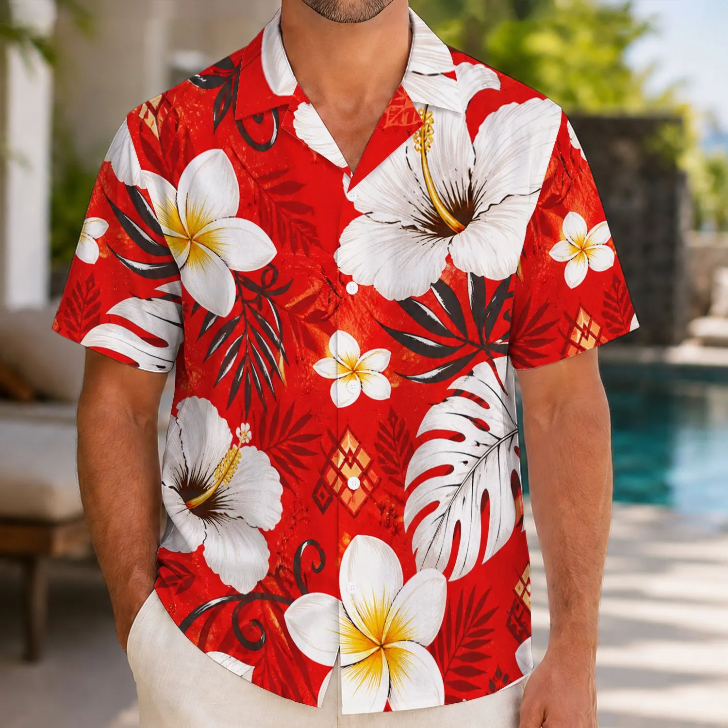 Red Hibiscus Plumeria Island Blooms for Tropical Vacations and Resort Getaways Men Hawaiian Shirt - 1
