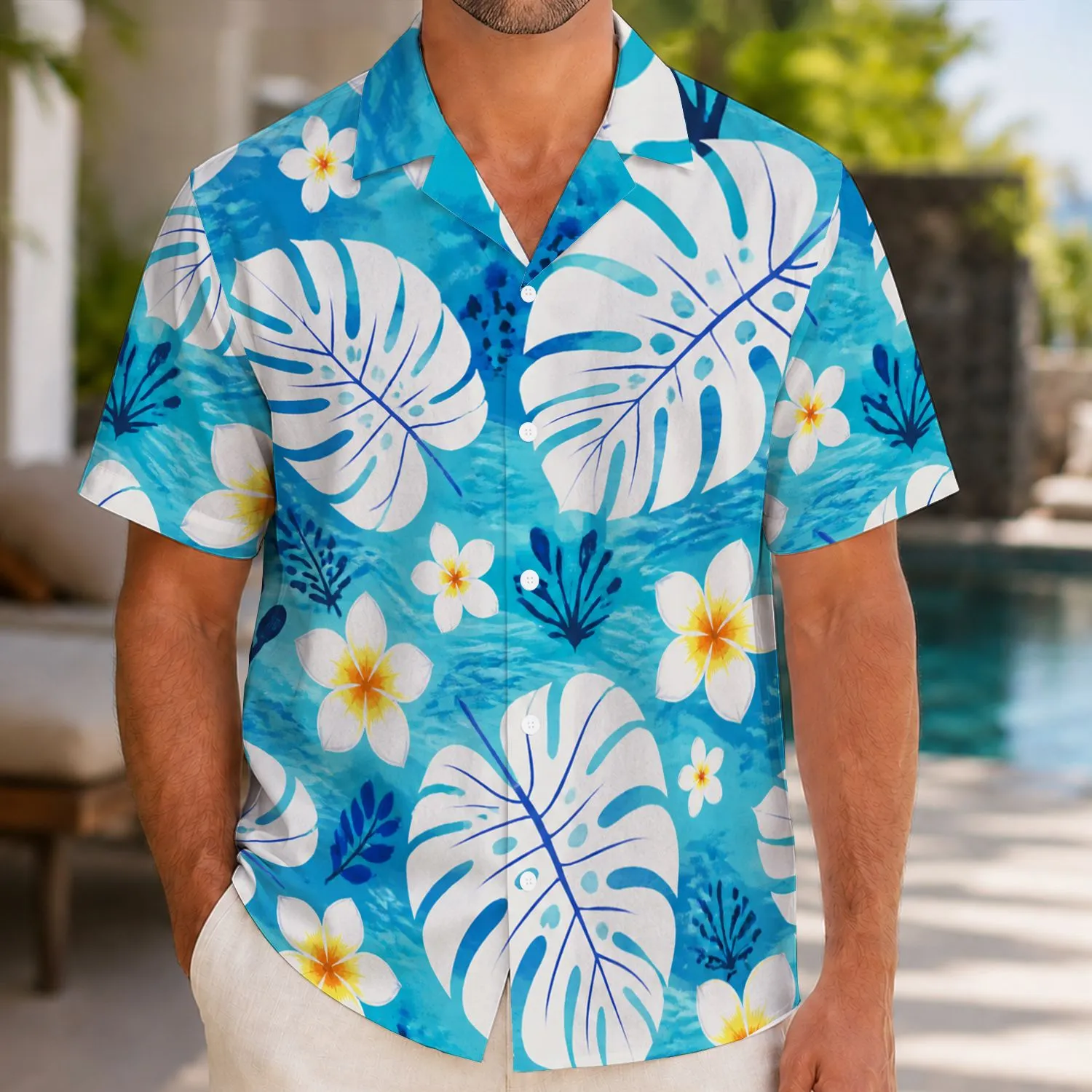 Blue Hibiscus and Monstera Leaves for Relaxed Island Getaways and Beach Weekends Hawaiian Shirt - 1