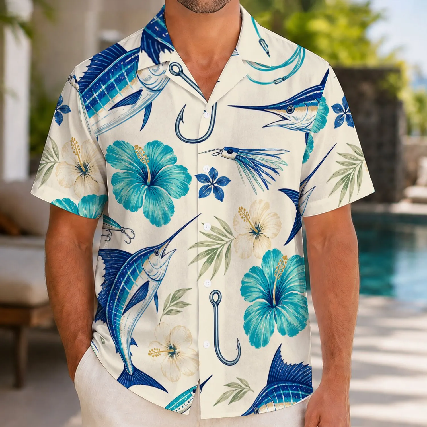 Marlin Fishing Hooks and Hibiscus for Coastal Vacations and Weekend Anglers Hawaiian Shirt - 1