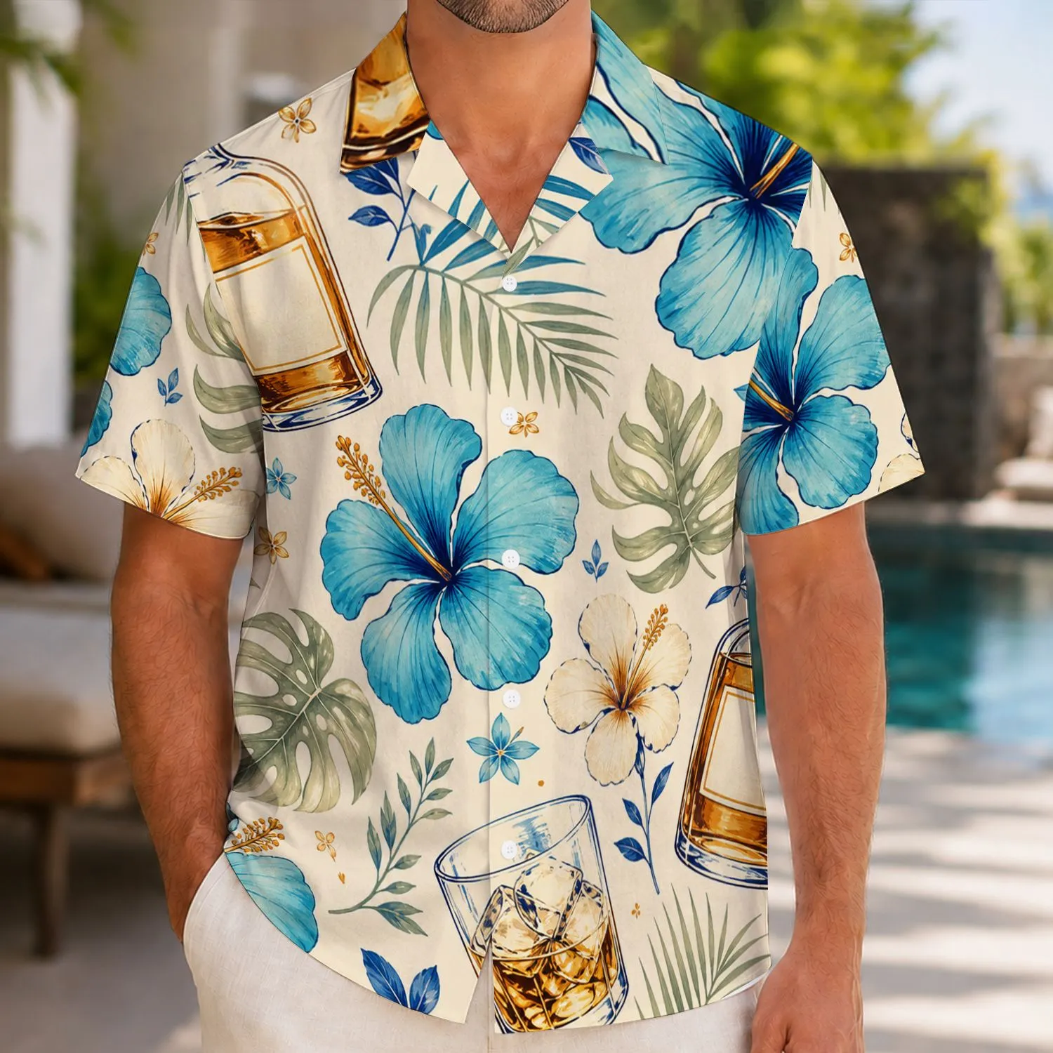 Whiskey Cocktail And Blue Hibiscus Aloha Look For Beach Bars And Island Getaways Hawaiian Shirt - 1