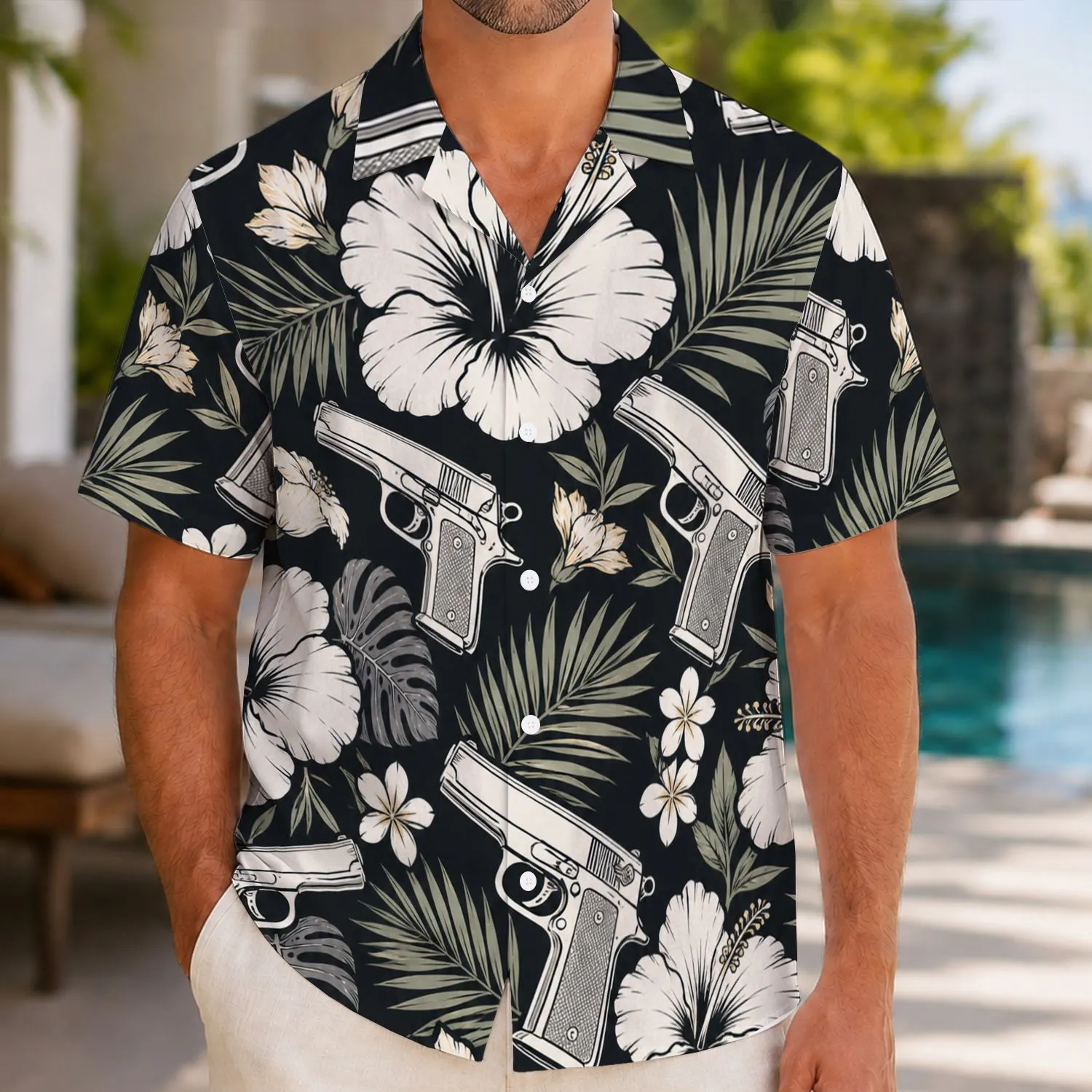 Black Hibiscus and Pistol Aloha Style for Island Escapes and Outdoor Weekend Wear Hawaiian Shirt - 1