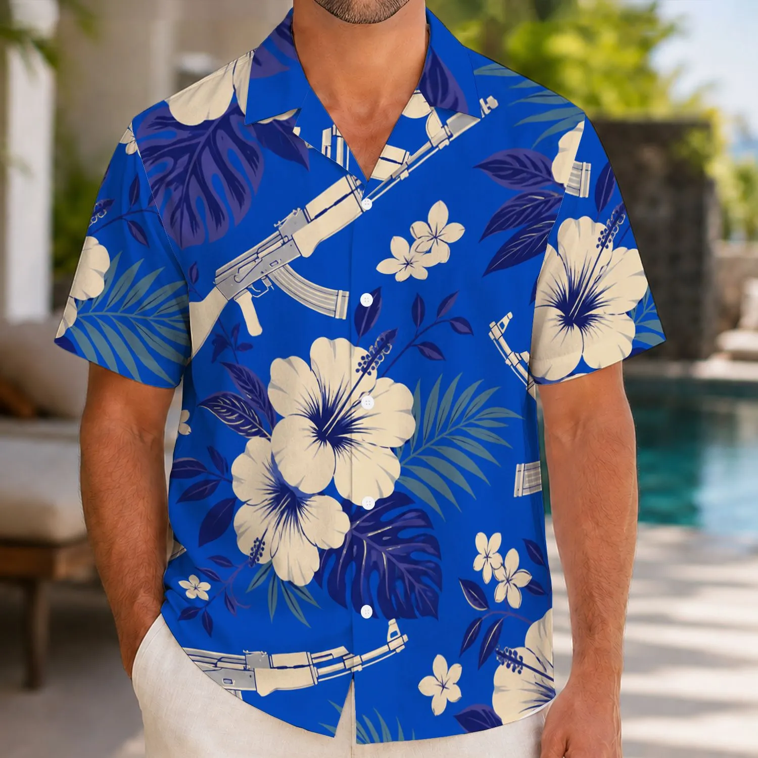 AK-47 Rifle Hibiscus Aloha Motif for Beach Vacations, Gun Enthusiasts, and Collectors Hawaiian Shirt - 1