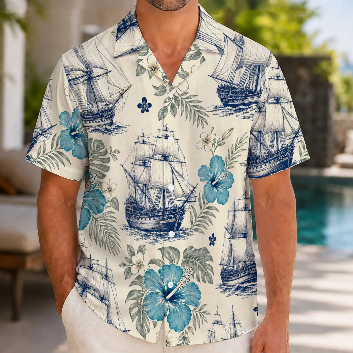 Vintage Sailing Ships and Blue Hibiscus for Coastal Vacations and Island Getaways Hawaiian Shirt - 1