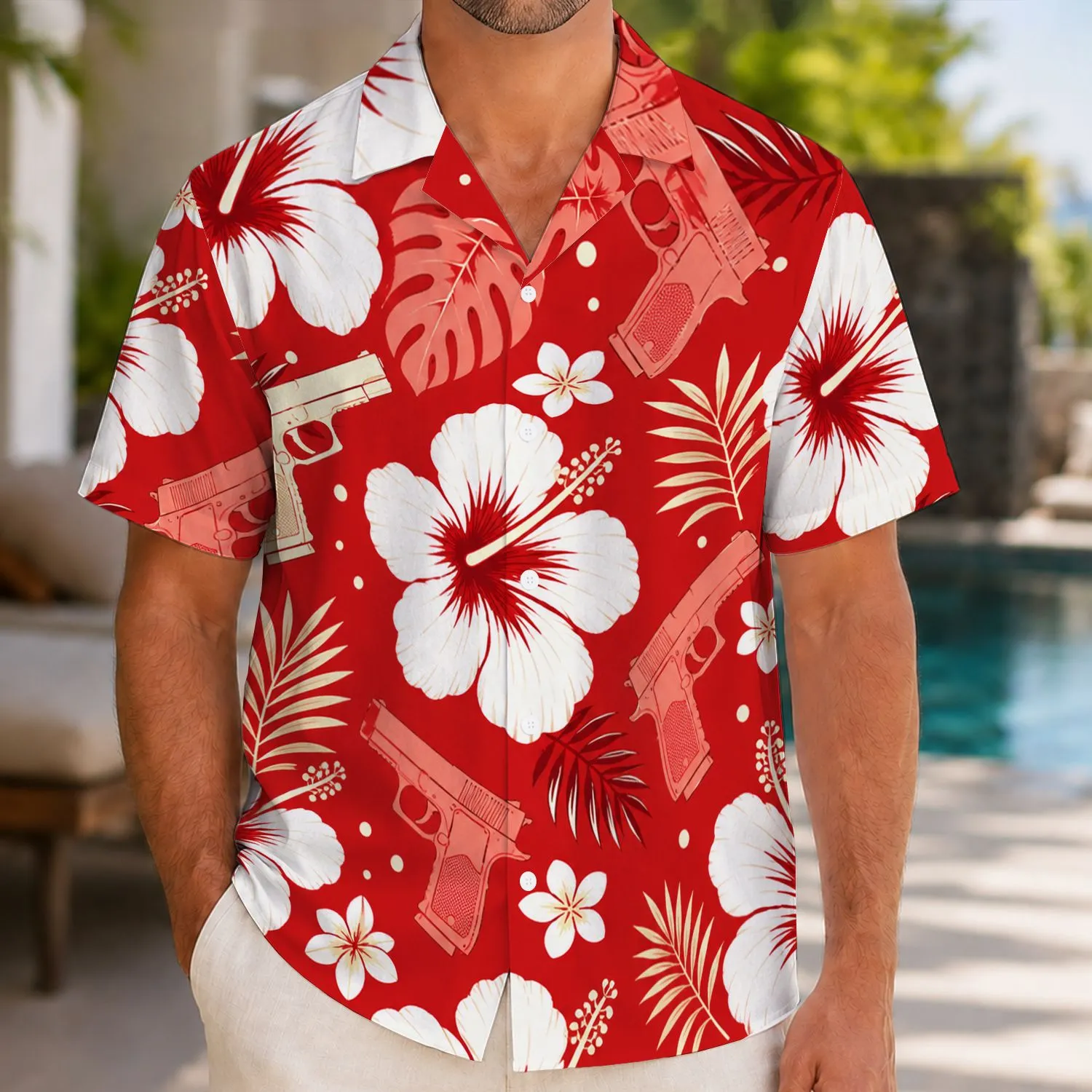 Red Hibiscus Handgun Aloha Motif for Beach Vacations and Second Amendment Enthusiasts Hawaiian Shirt - 1