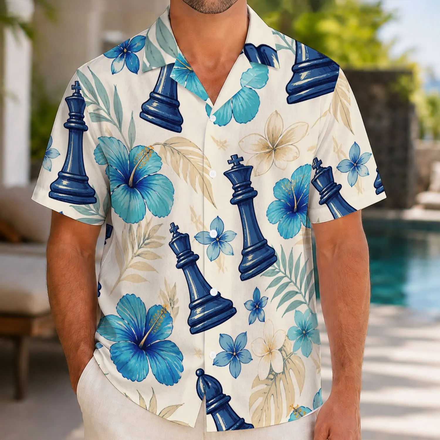 Blue Chess Pieces and Hibiscus Flowers for Tropical Vacation Style and Resort Days Hawaiian Shirt - 1